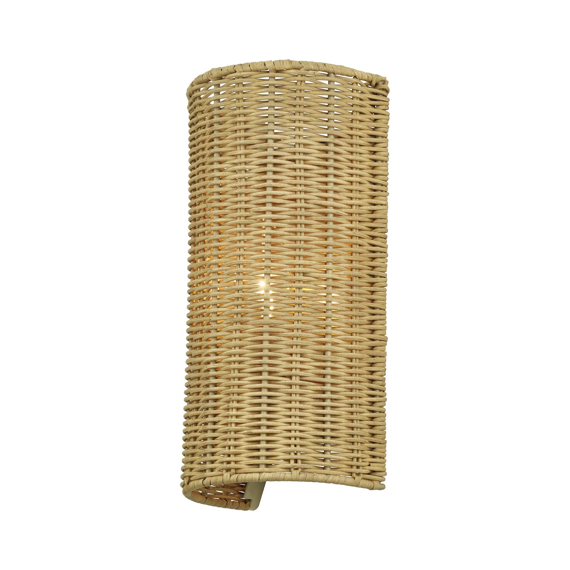 Shown in Antique Gold Leaf finish and Hand-Woven Rustic Walnut Color Rattan shade