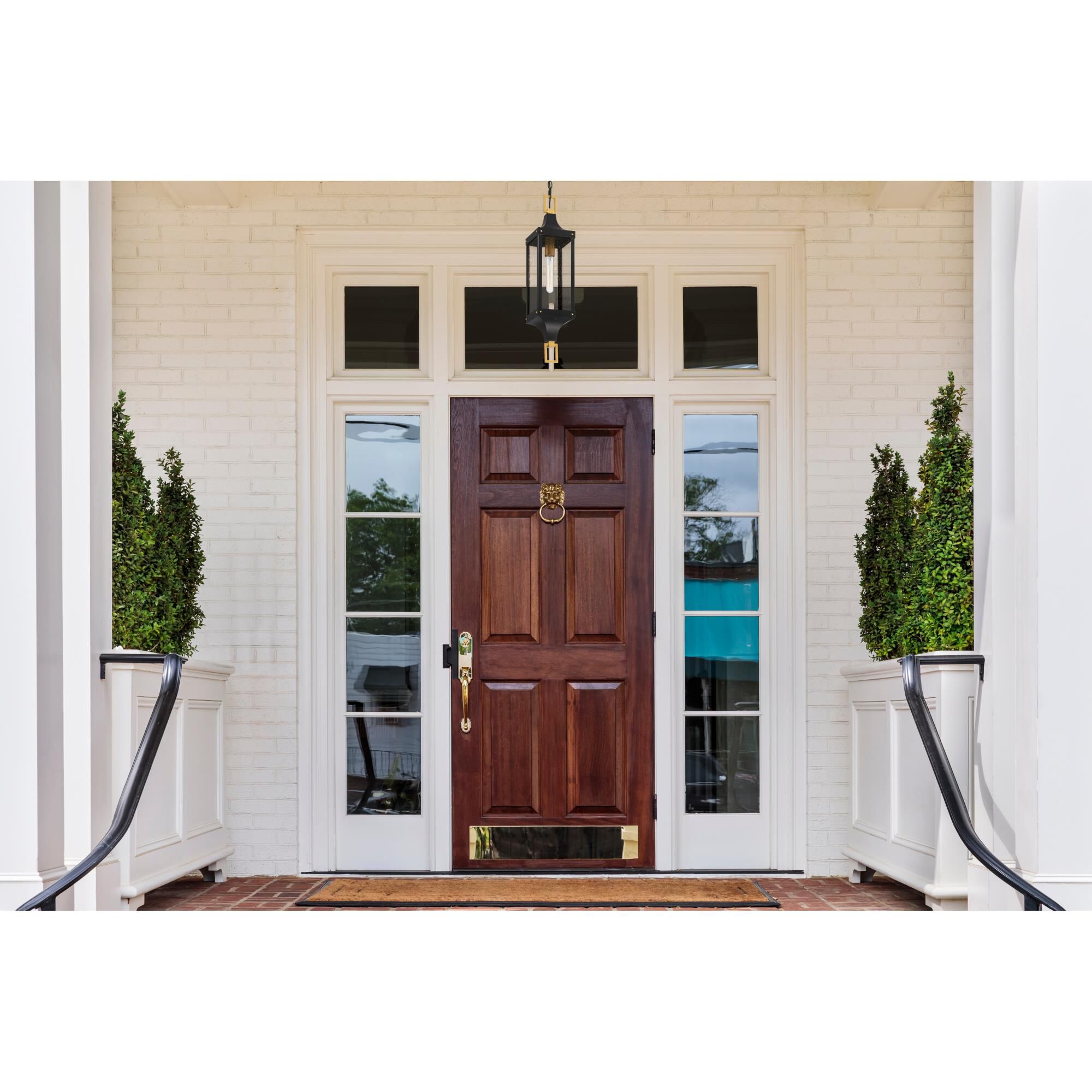 Shown in Matte Black And Weathered Brushed Brass finish and Clear Seeded glass