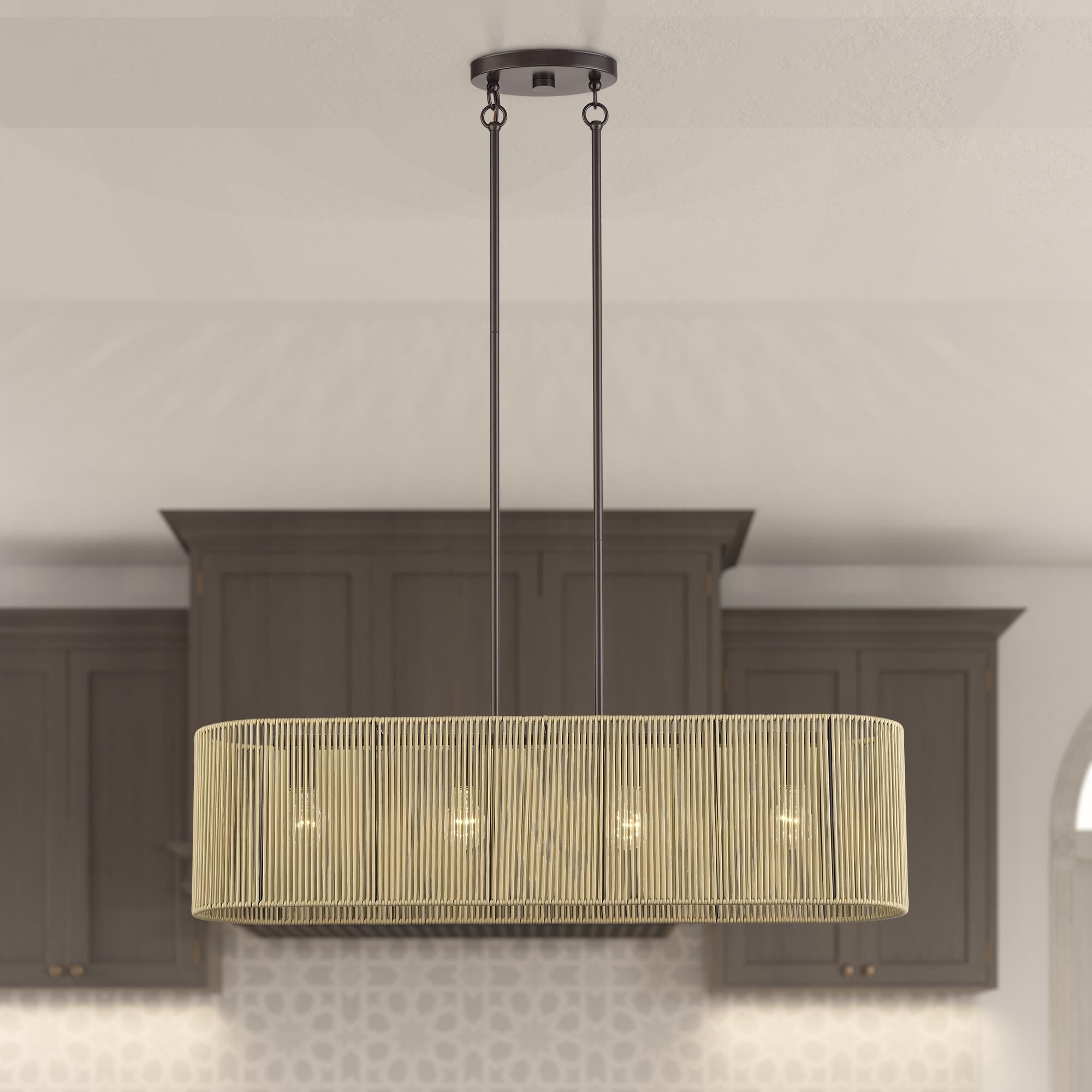 Shown in English Bronze finish and Hand-Woven Venetian Gold Color Polyester Rope shade