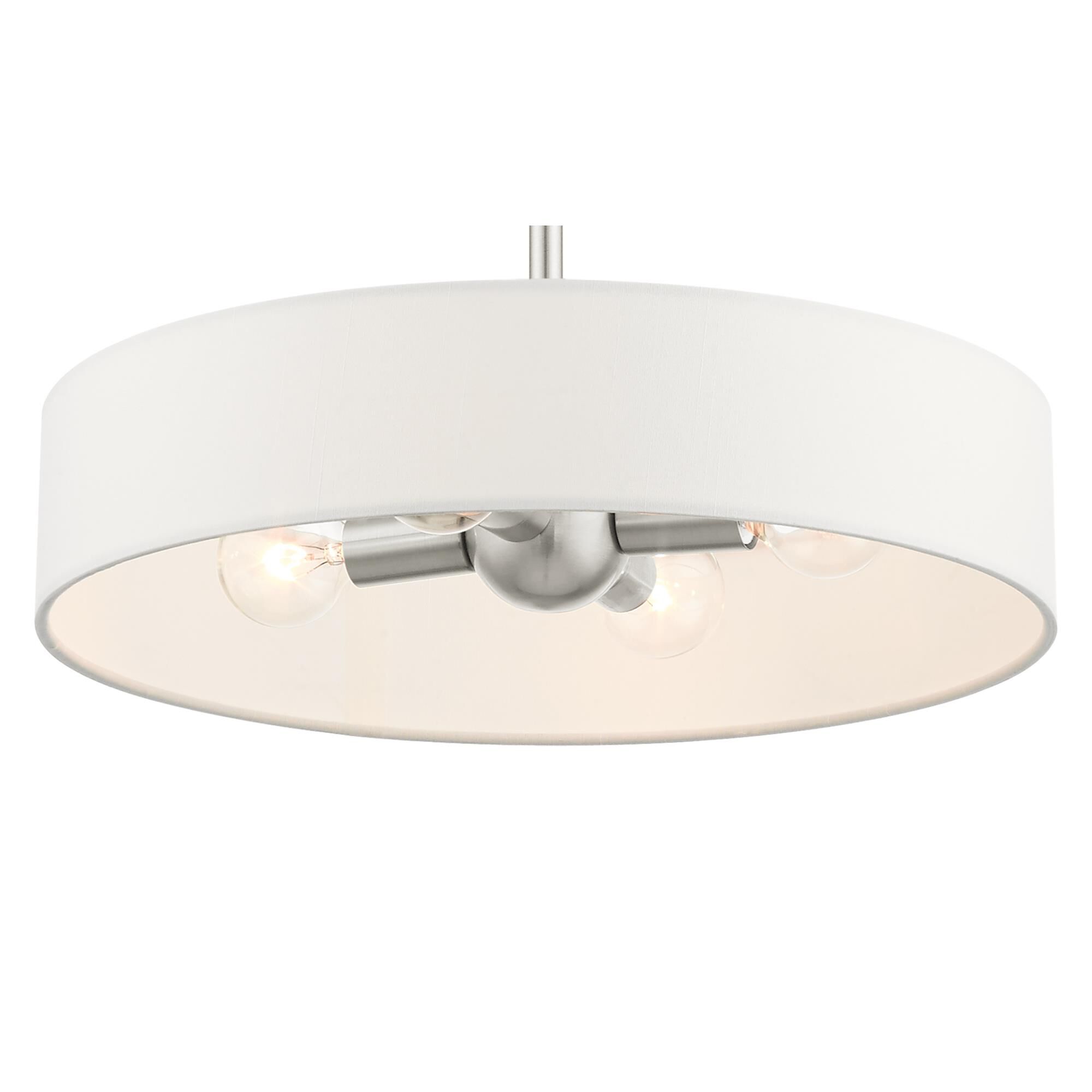 Shown in Brushed Nickel finish and Hand Crafted Off White Fabric Hardback Shade glass and Hand Crafted Off White Fabric Hardback shade