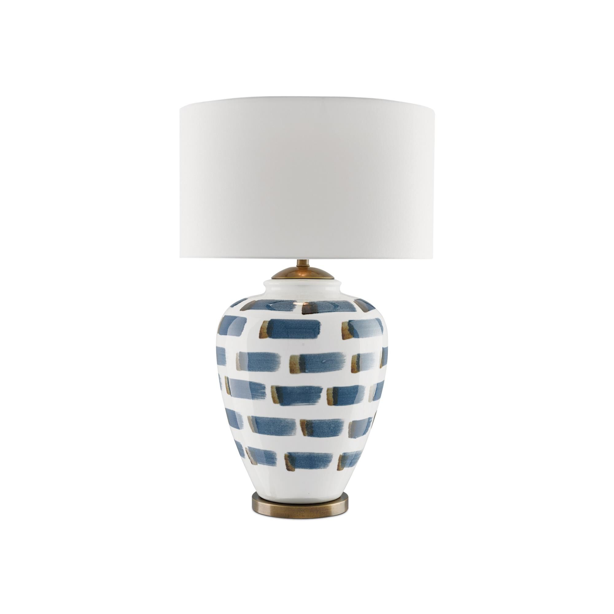 Shown in White-Blue-Antique Brass finish and White Linen shade