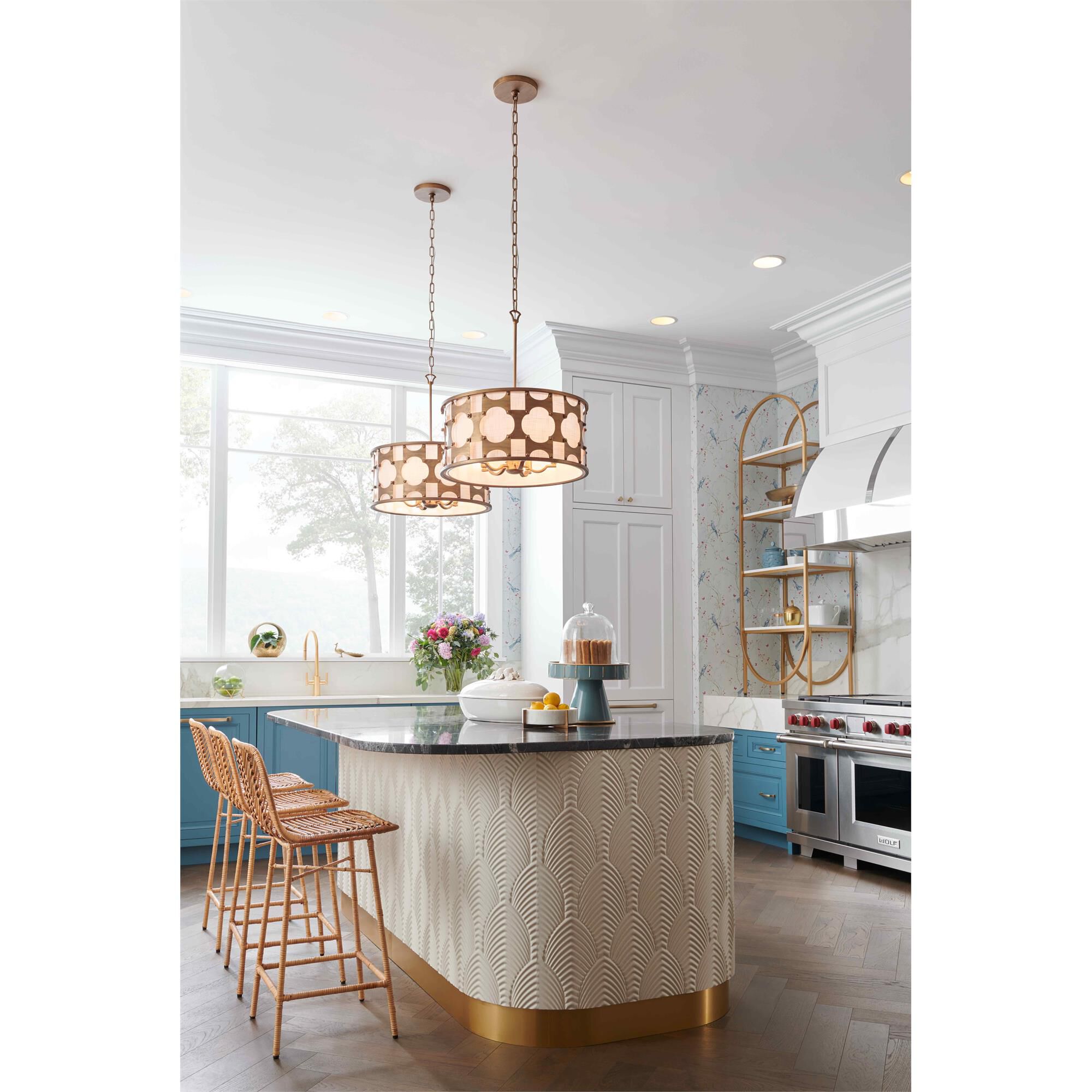 Shown in Burnished Gold finish and Off-White Textured shade