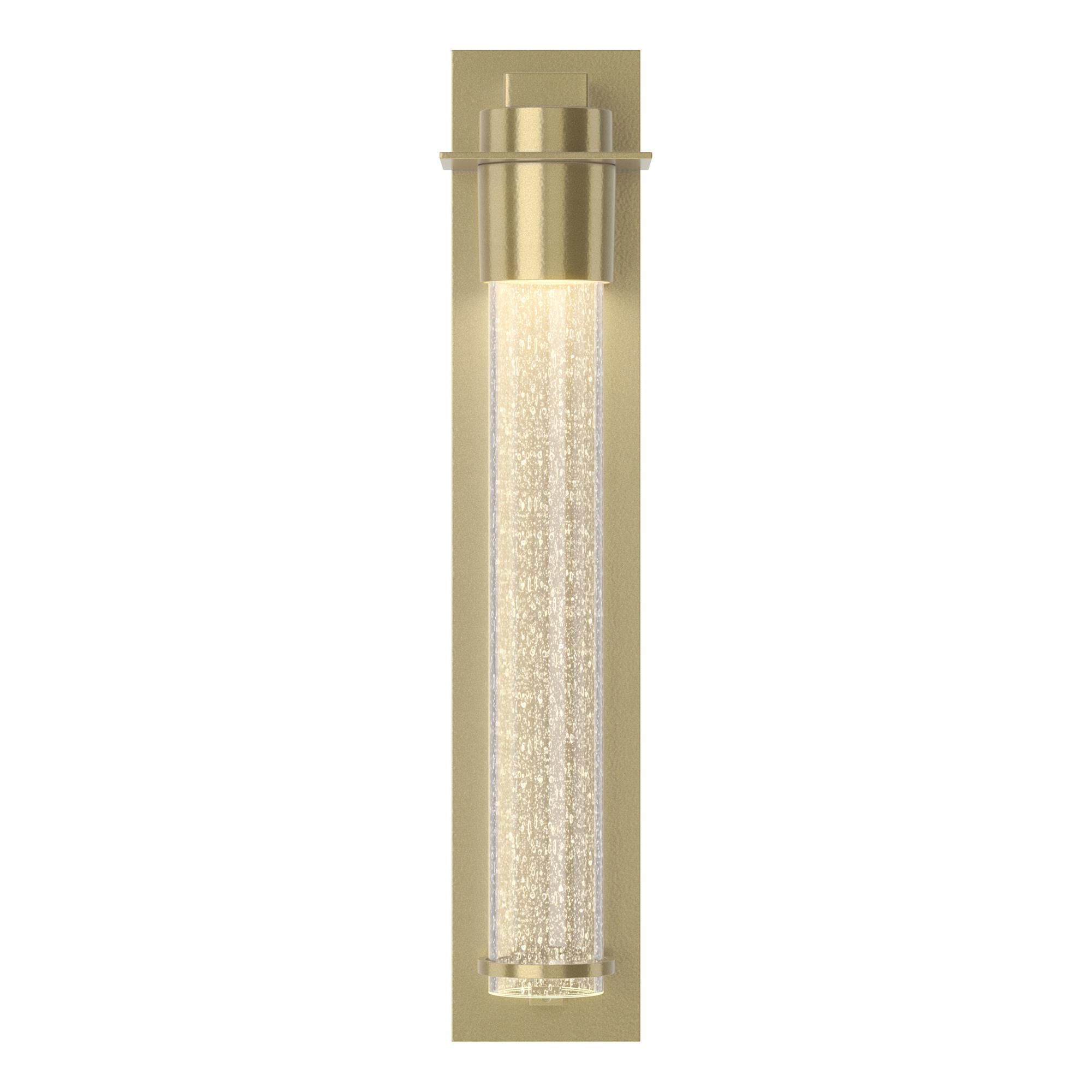 Shown in Modern Brass finish and Seeded Clear glass