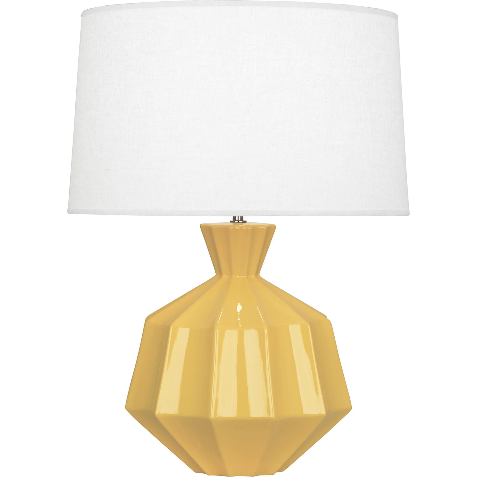 Shown in Sunset Yellow Glazed Ceramic finish and Oyster Linen With Self Fabric Top Diffuser shade