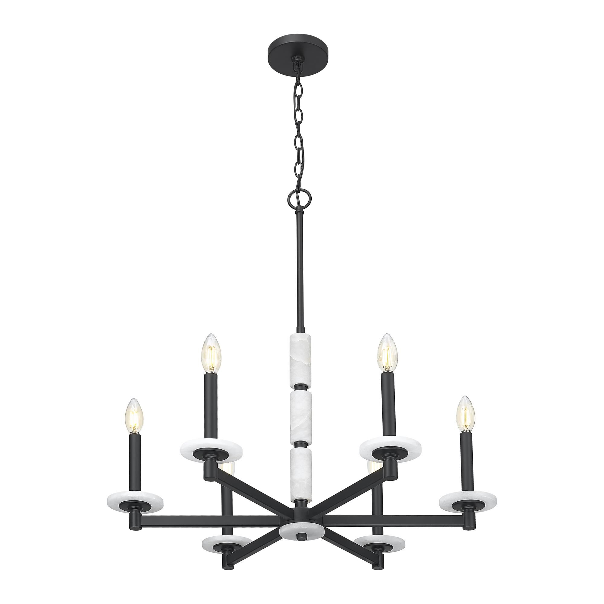 Shown in Matte Black finish and Alabaster glass and Alabaster shade