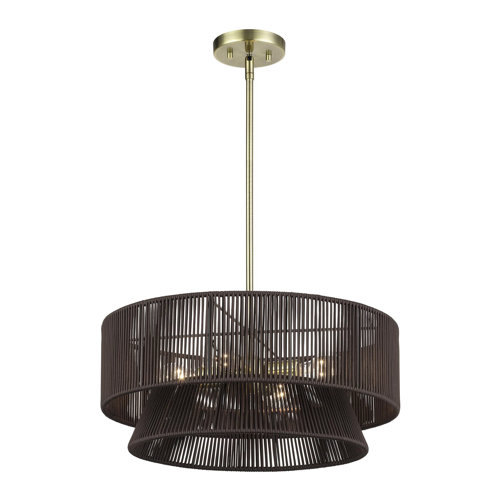 Shown in Antique Brass finish and Hand-Woven Dark Chocolate Color Polyester Rope shade