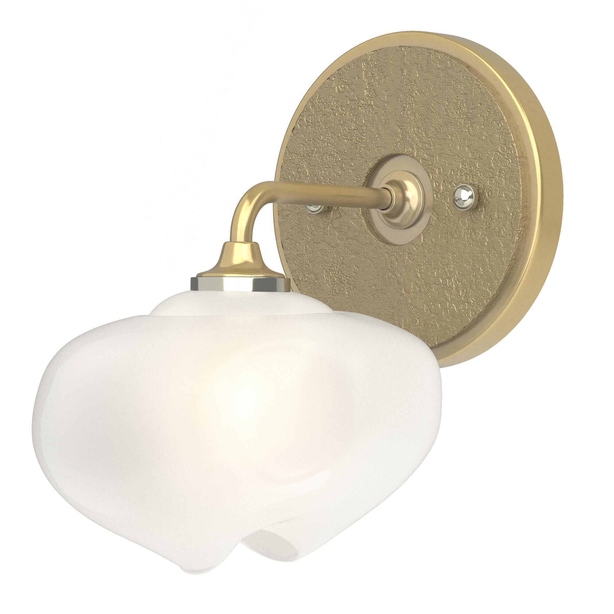 Shown in Modern Brass finish and Frosted glass and Soft Gold (84) accent