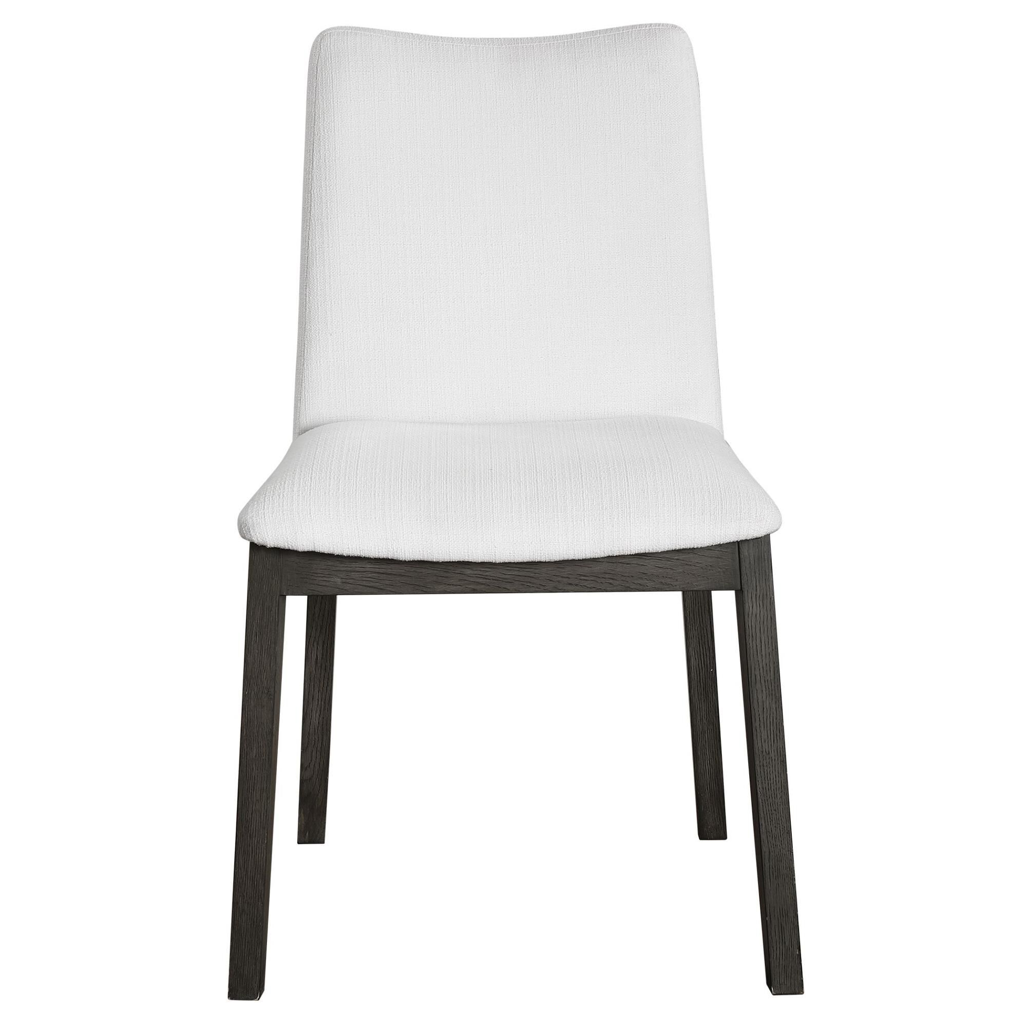 Shown in Gently Sloped Padded Seat In A Crisp White Polyester Blend Fabric Rests Within A Solid Oak Wood Fram finish
