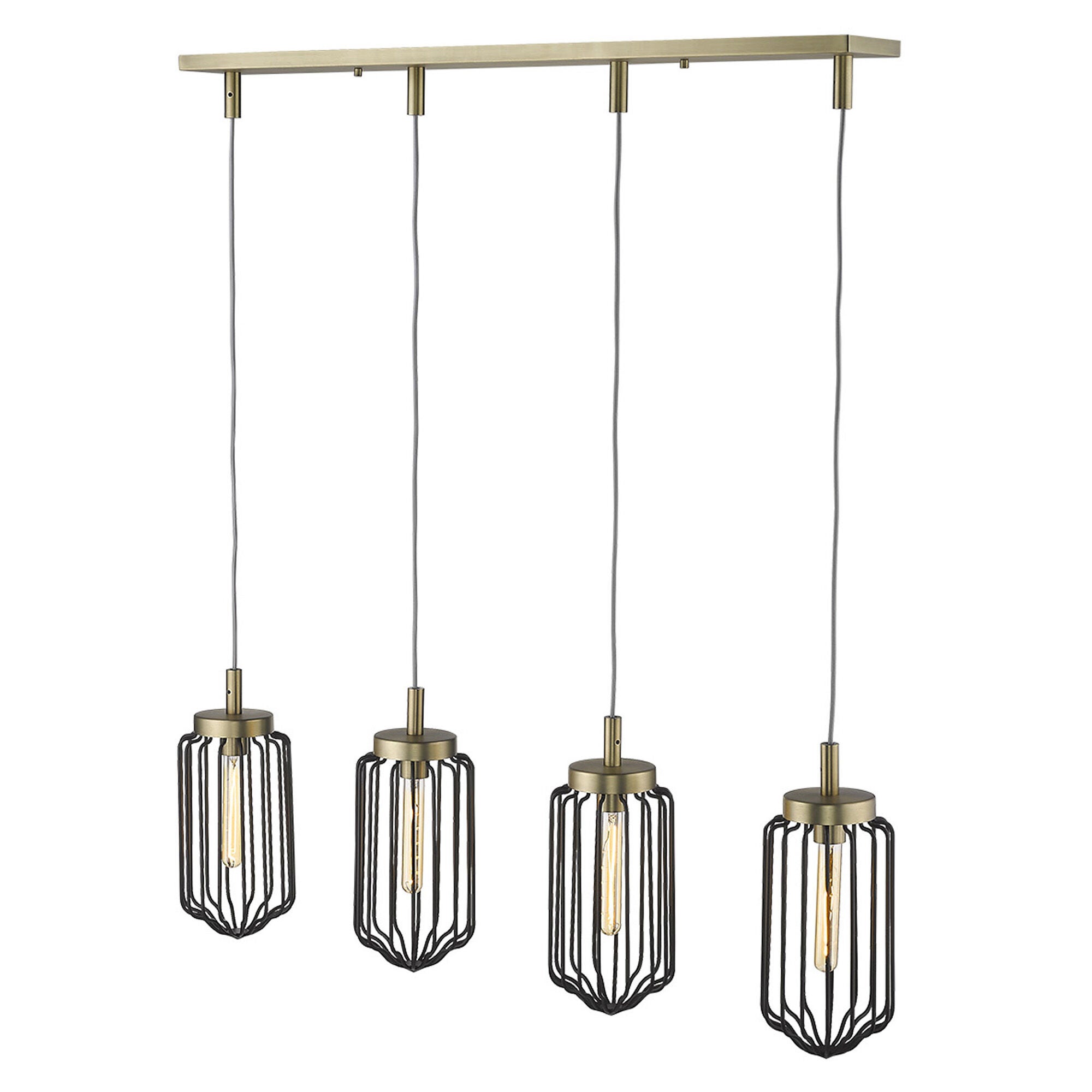 Shown in Aged Brass finish and Black glass and Black, Cylindrical Metal Cage s shade