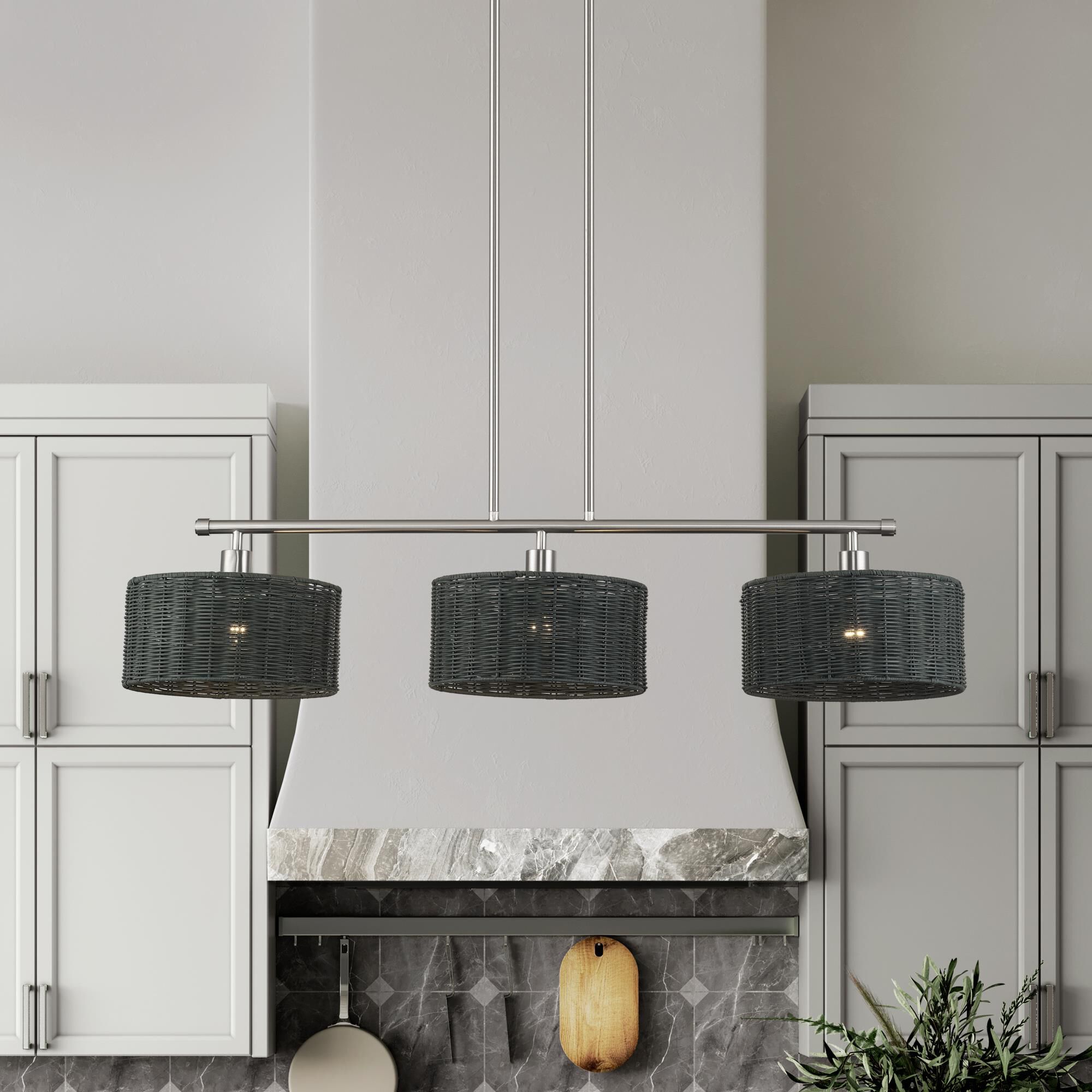 Shown in Brushed Nickel finish and Hand-Woven Charred Gray Color Rattan shade