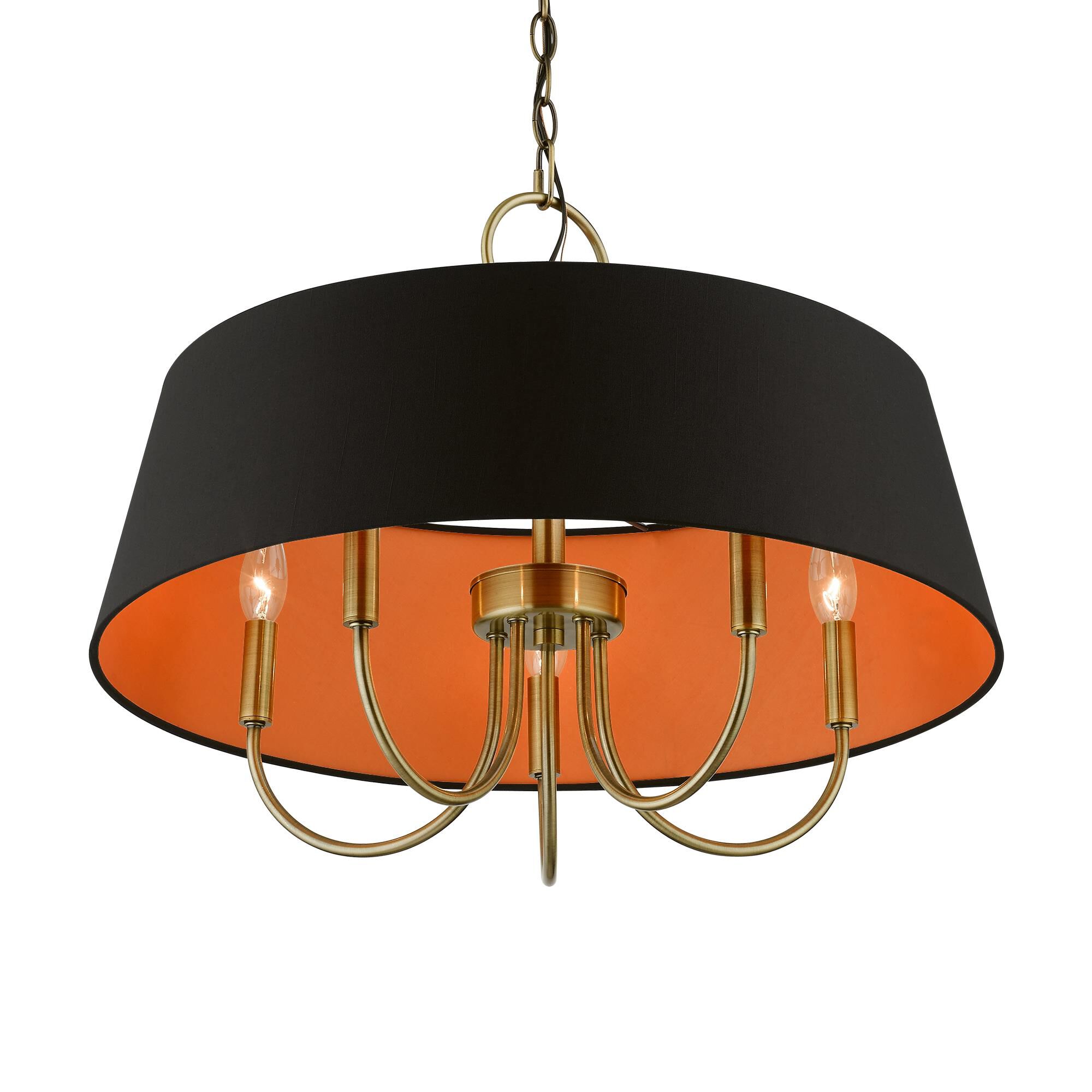 Shown in Antique Brass finish and Black Fabric Hardback with Orange Fabric Inside shade