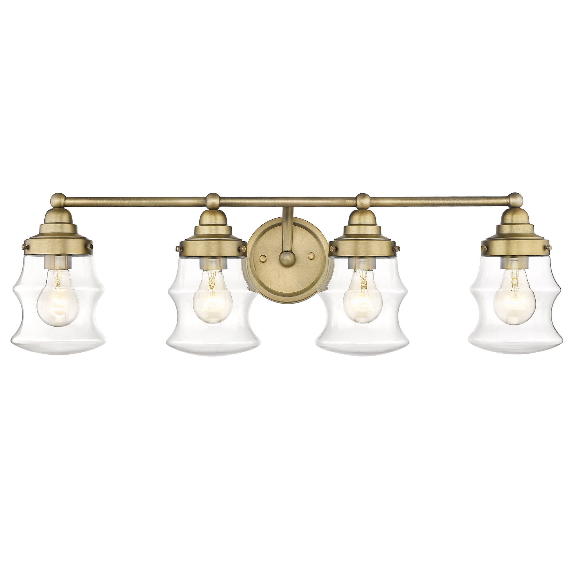 Shown in Antique Brass finish and Clear Glass shade