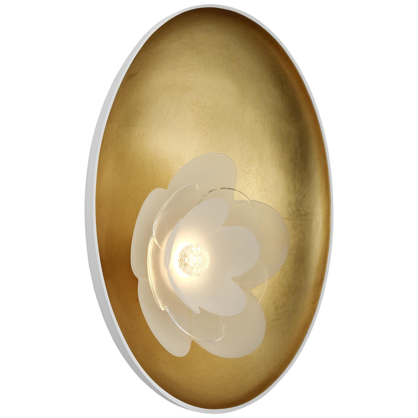 Shown in Matte White and Gild finish and Etched and Clear Flower glass