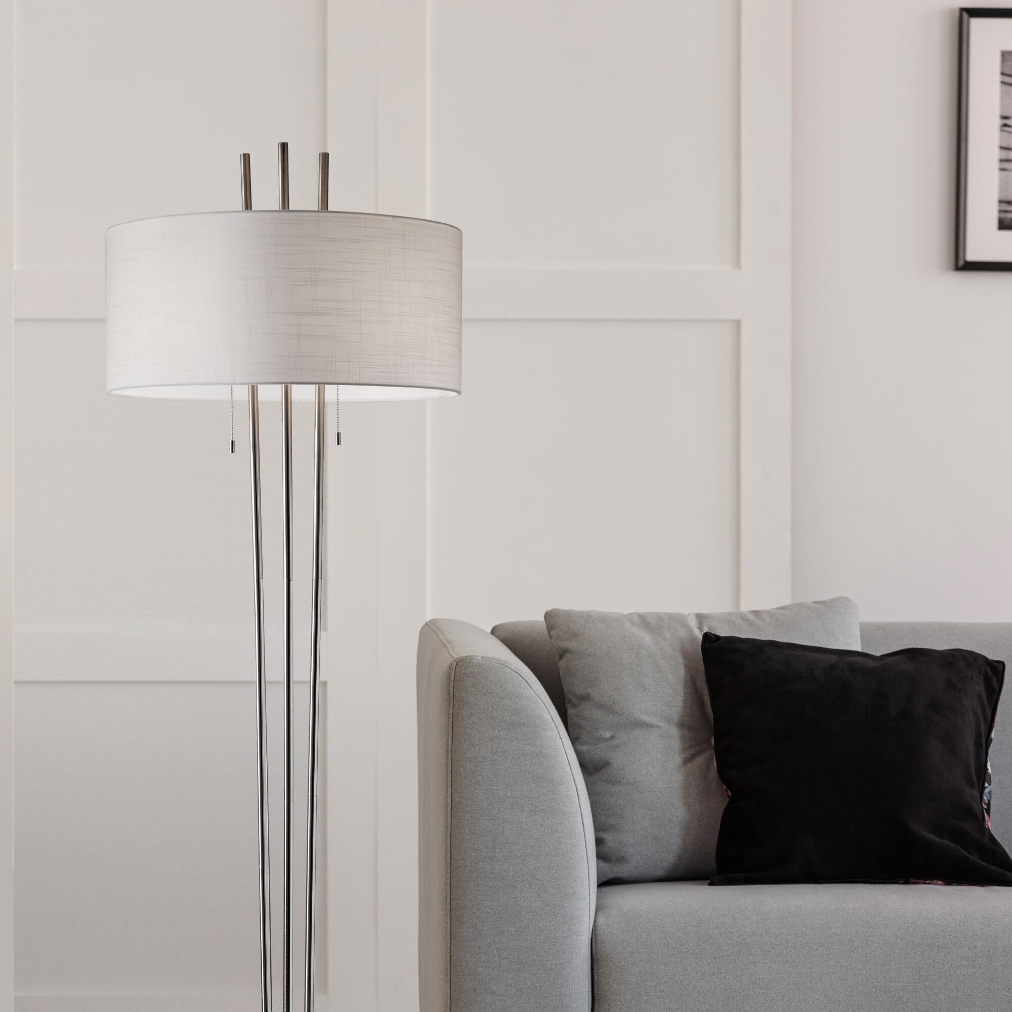 Shown in Brushed Steel finish and Textured White Linen shade