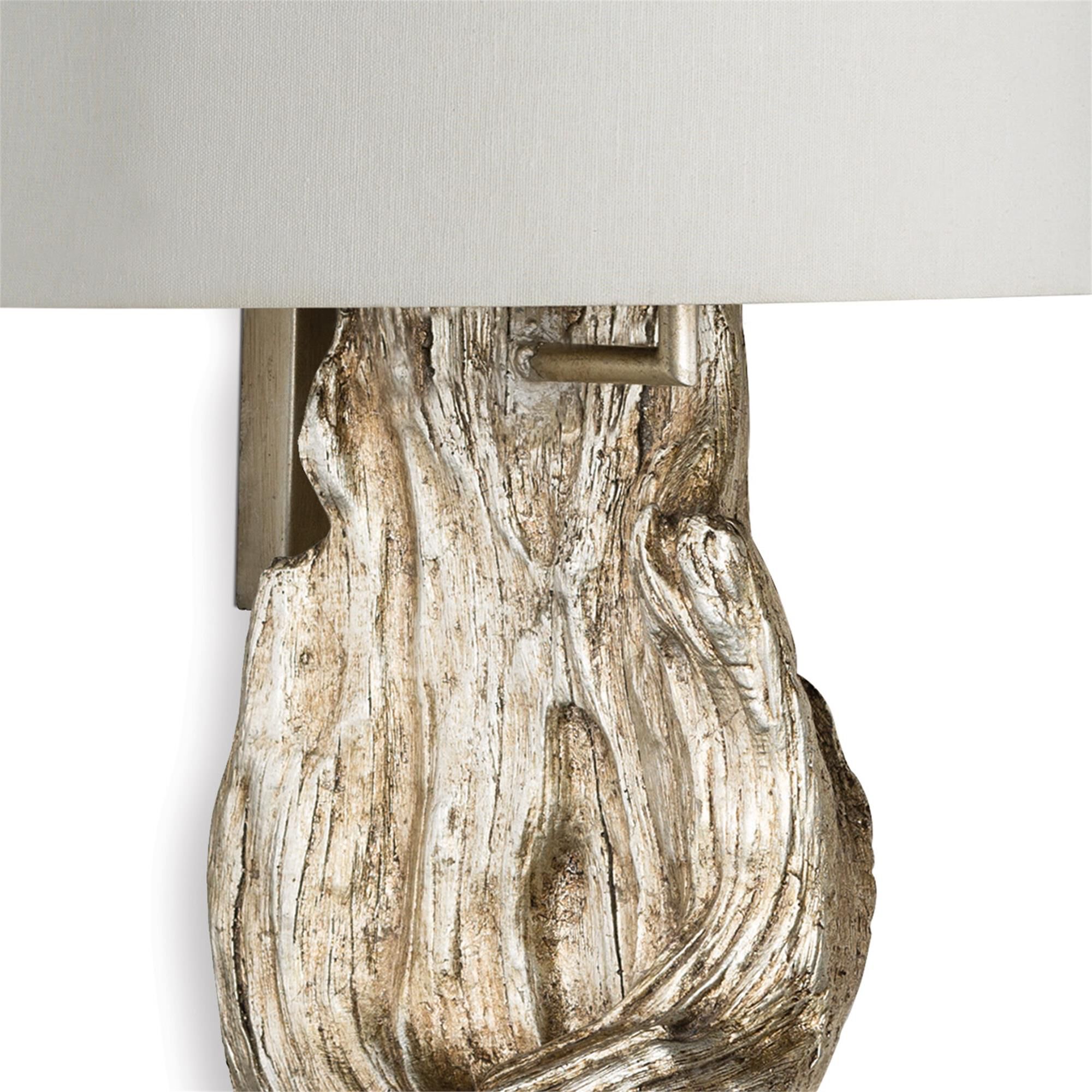 Shown in Ambered Silver Leaf finish and Linen shade