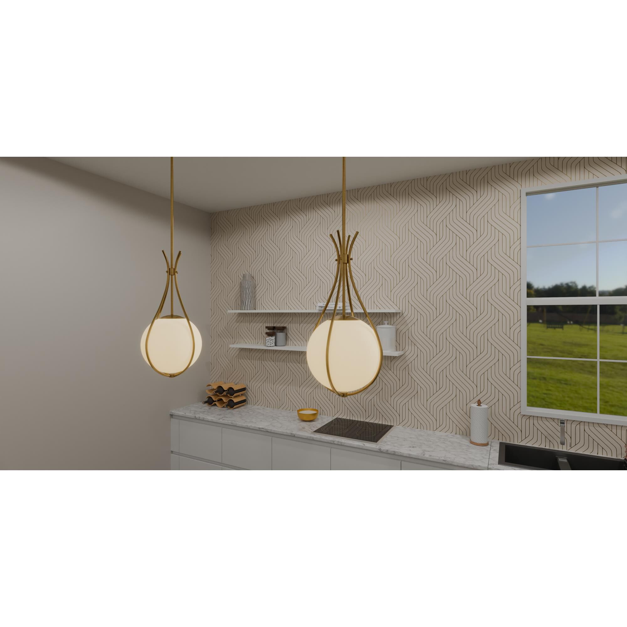 Shown in Aged Brass finish and Opal Etched glass