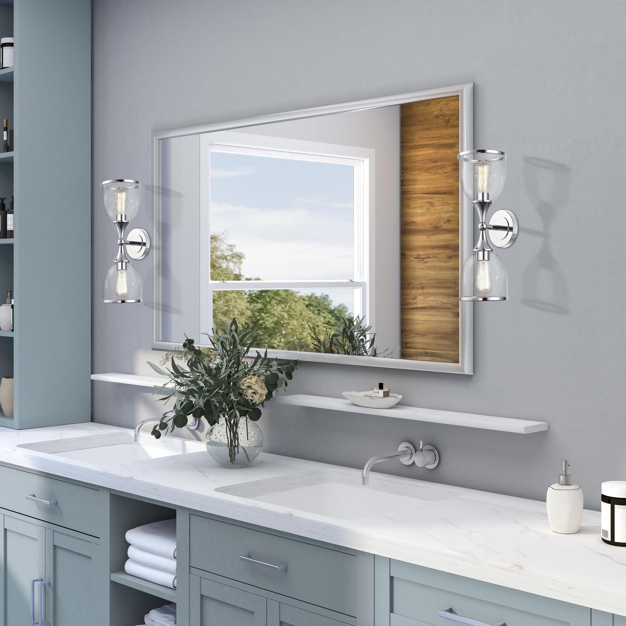 Shown in Polished Chrome finish and Mouth Blown Clear glass