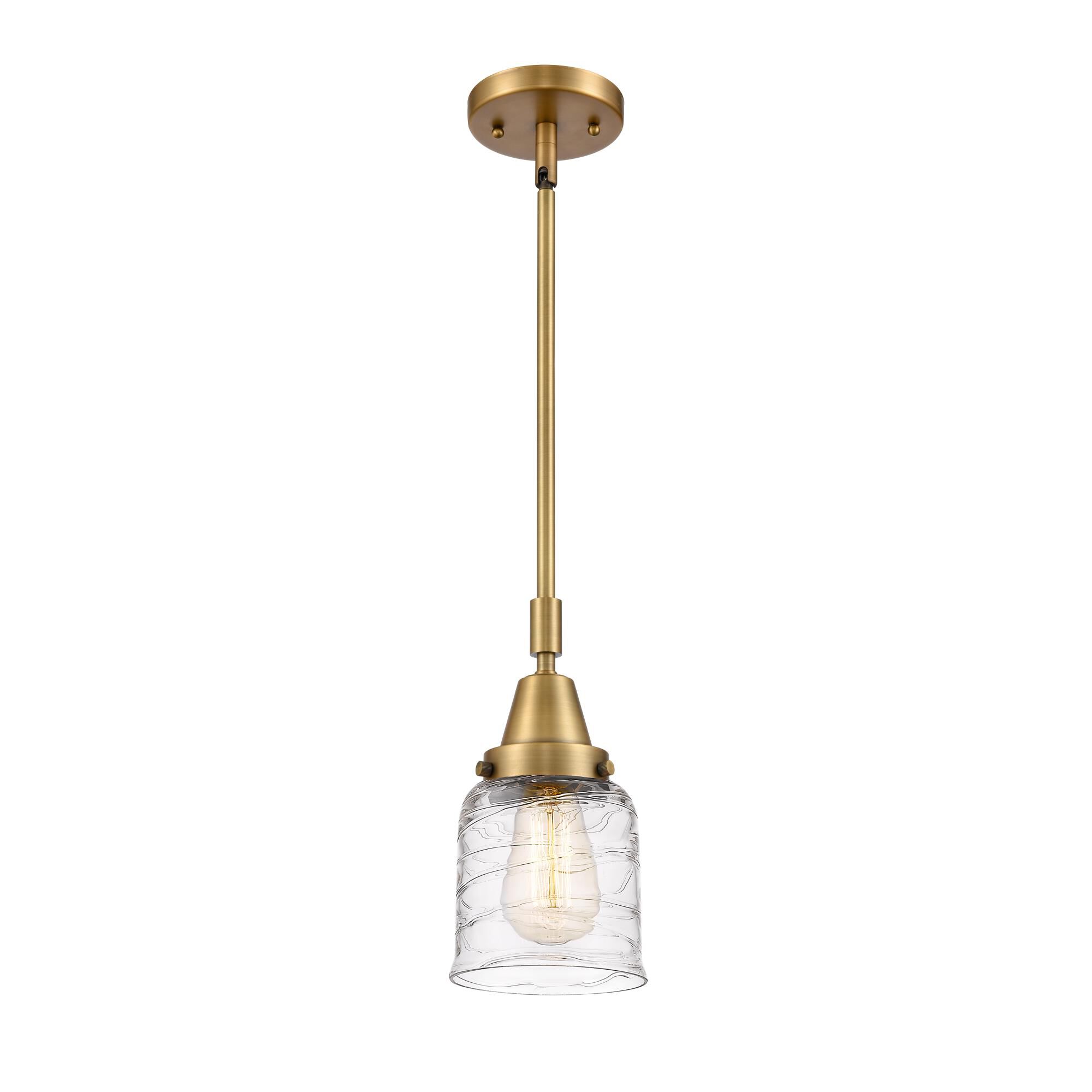 Shown in Brushed Brass finish and Clear Deco Swirl Small Bell glass