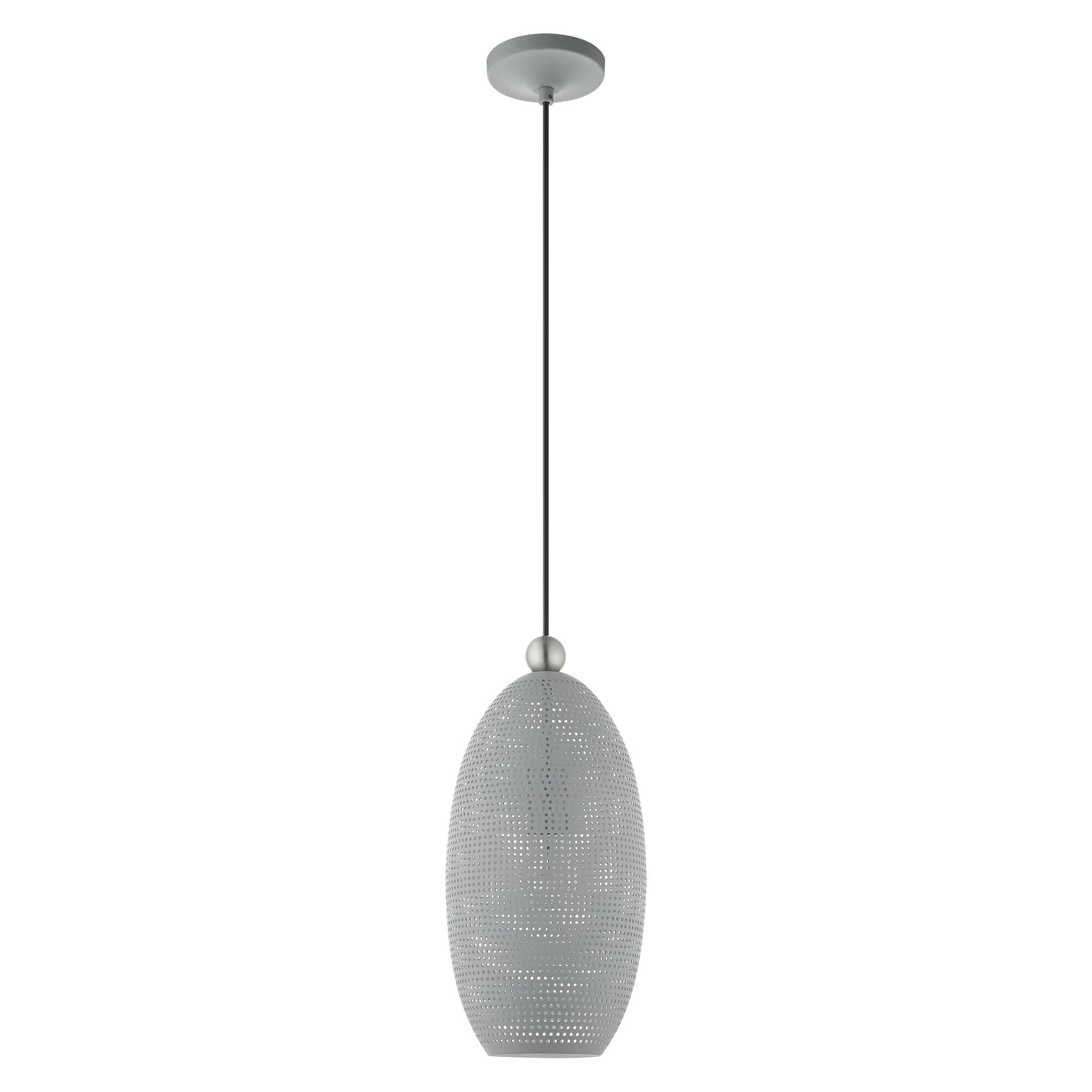 Shown in Nordic Gray With Brushed Nickel Accents finish and Nordic Gray Ornamental Metal Shade With White Finish Inside glass and Nordic Gray Ornamental Metal  With White Finish Inside shade