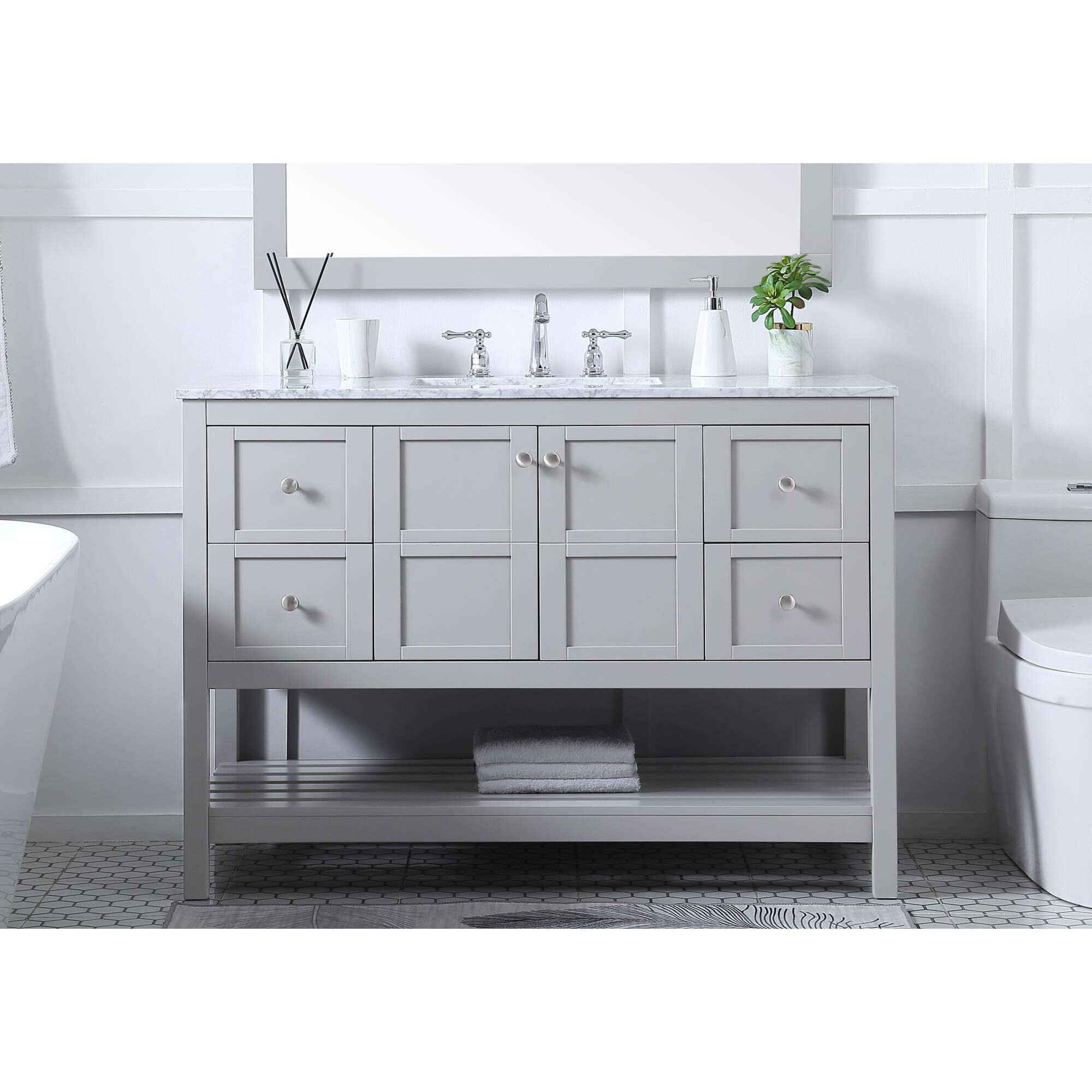 Shown in Gray And Brushed Nickel With Carrara White Marble finish