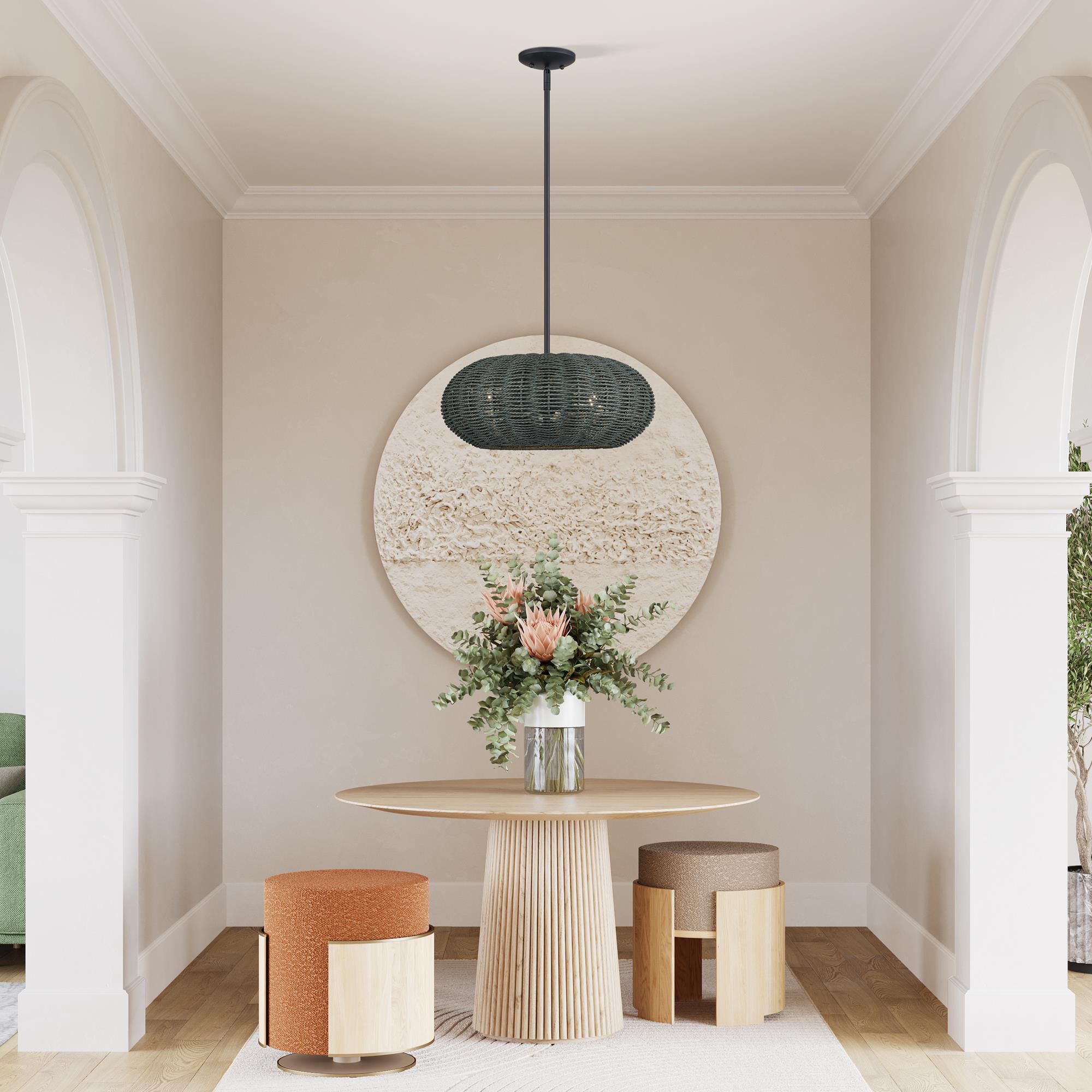 Shown in Black finish and Hand-Woven Midnight Black Color Paper Rope shade