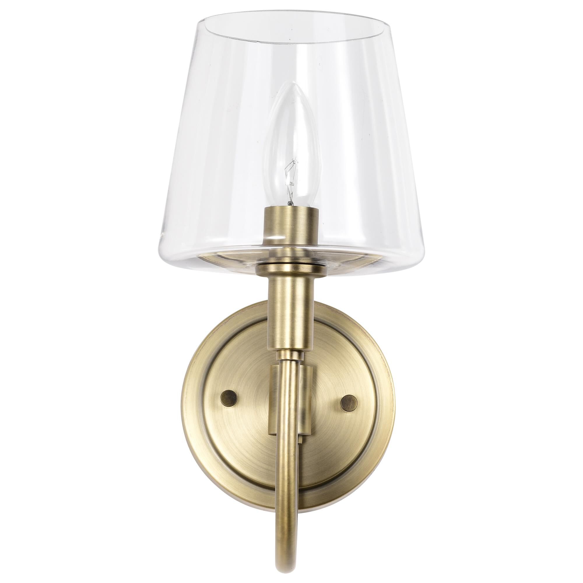 Shown in Vintage Brass finish and Clear glass and Glass shade