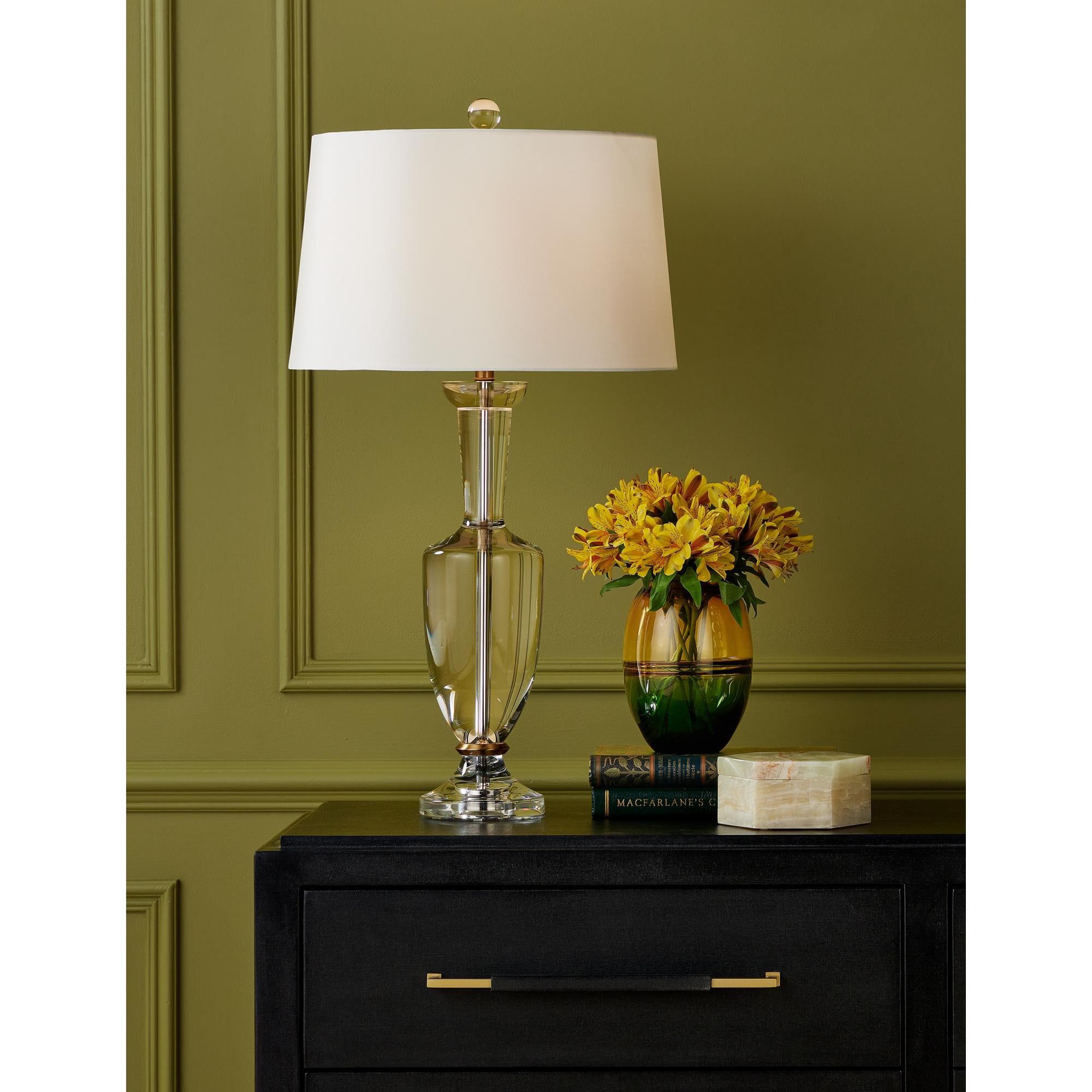 Shown in Clear and Natural Brass finish and Egg Shell Silk Habotai/Hardback/Rolled Edge shade