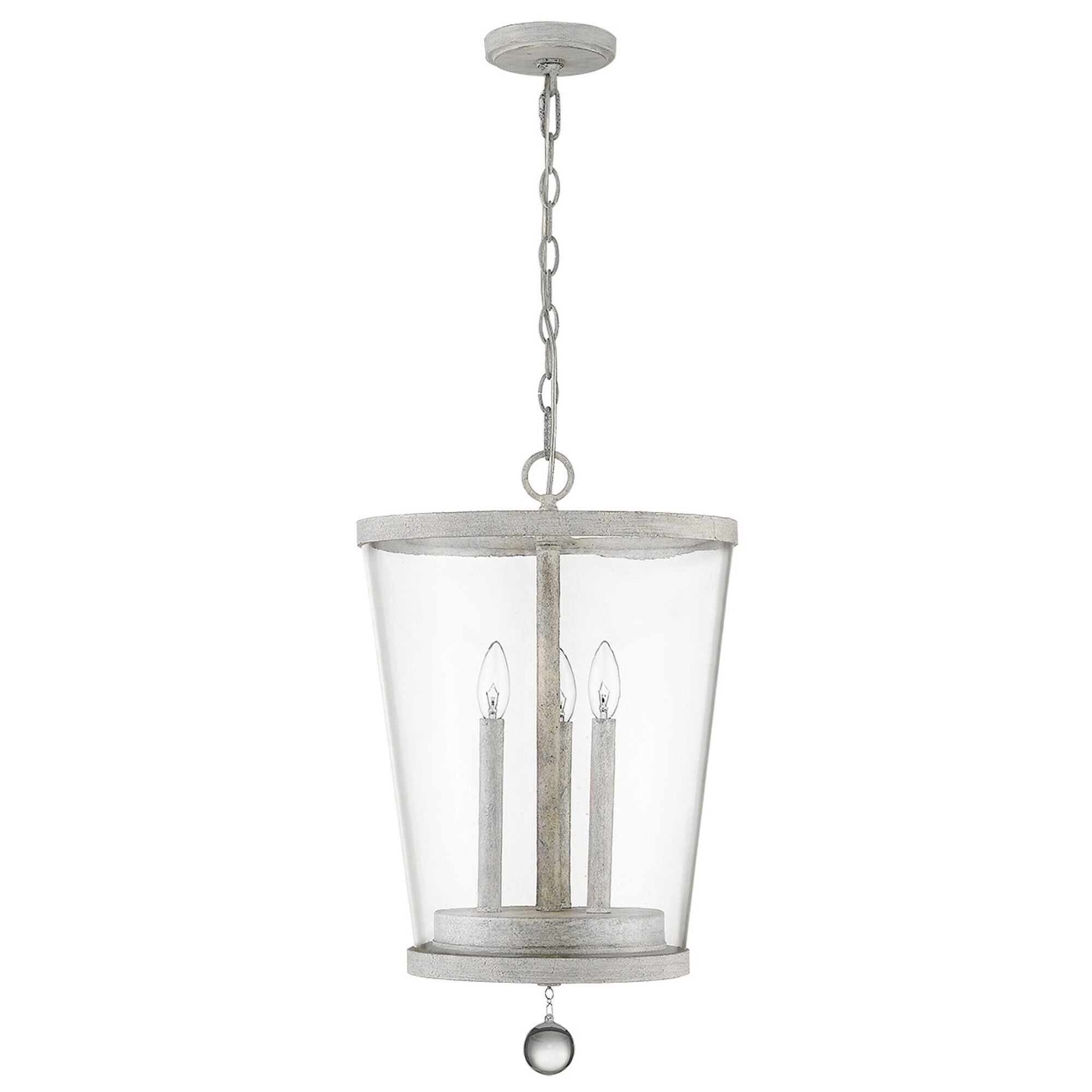Shown in Country White finish and Clear glass and Clear, Tapered Drum Shaped Glass shade