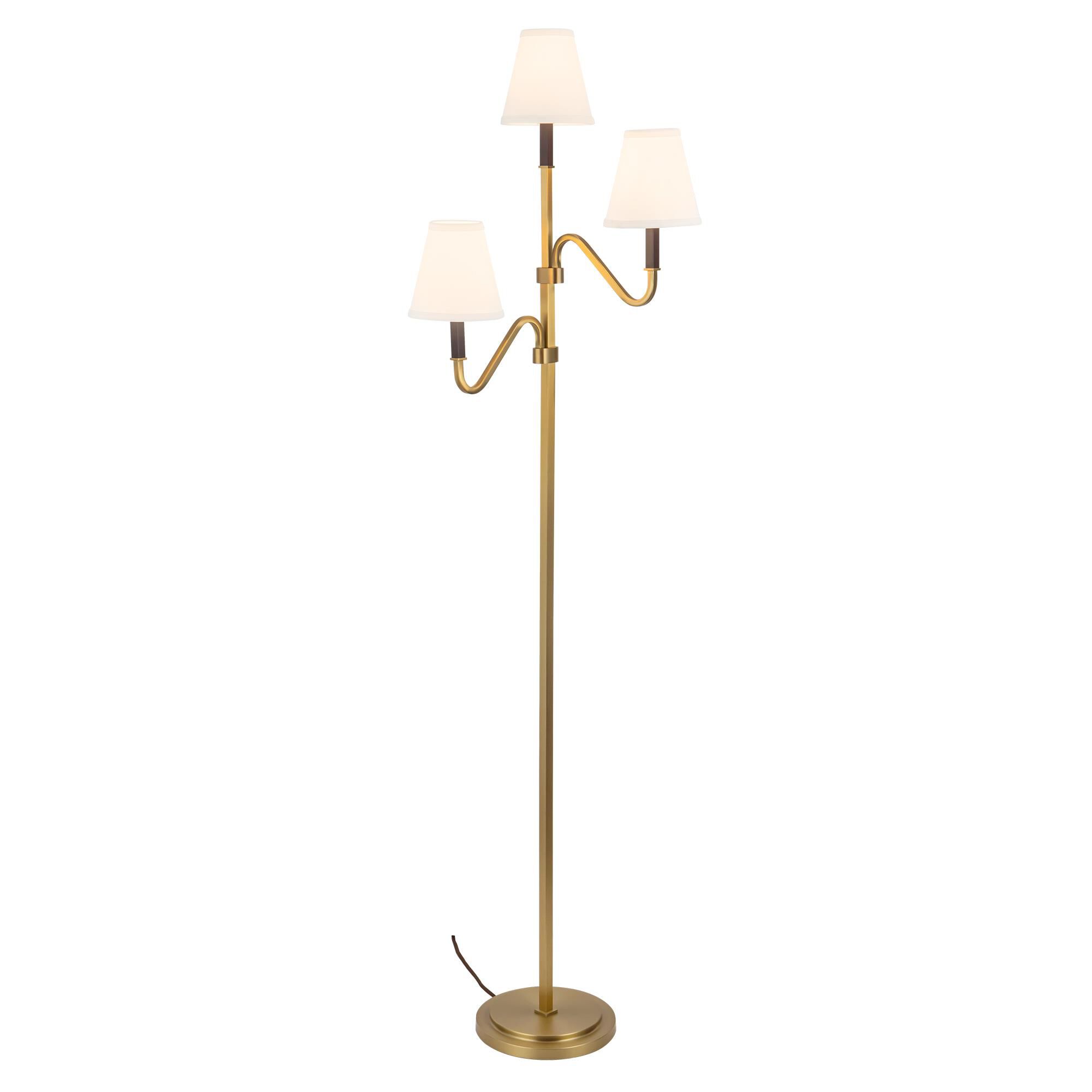 Shown in Brushed Gold finish and White Linen shade