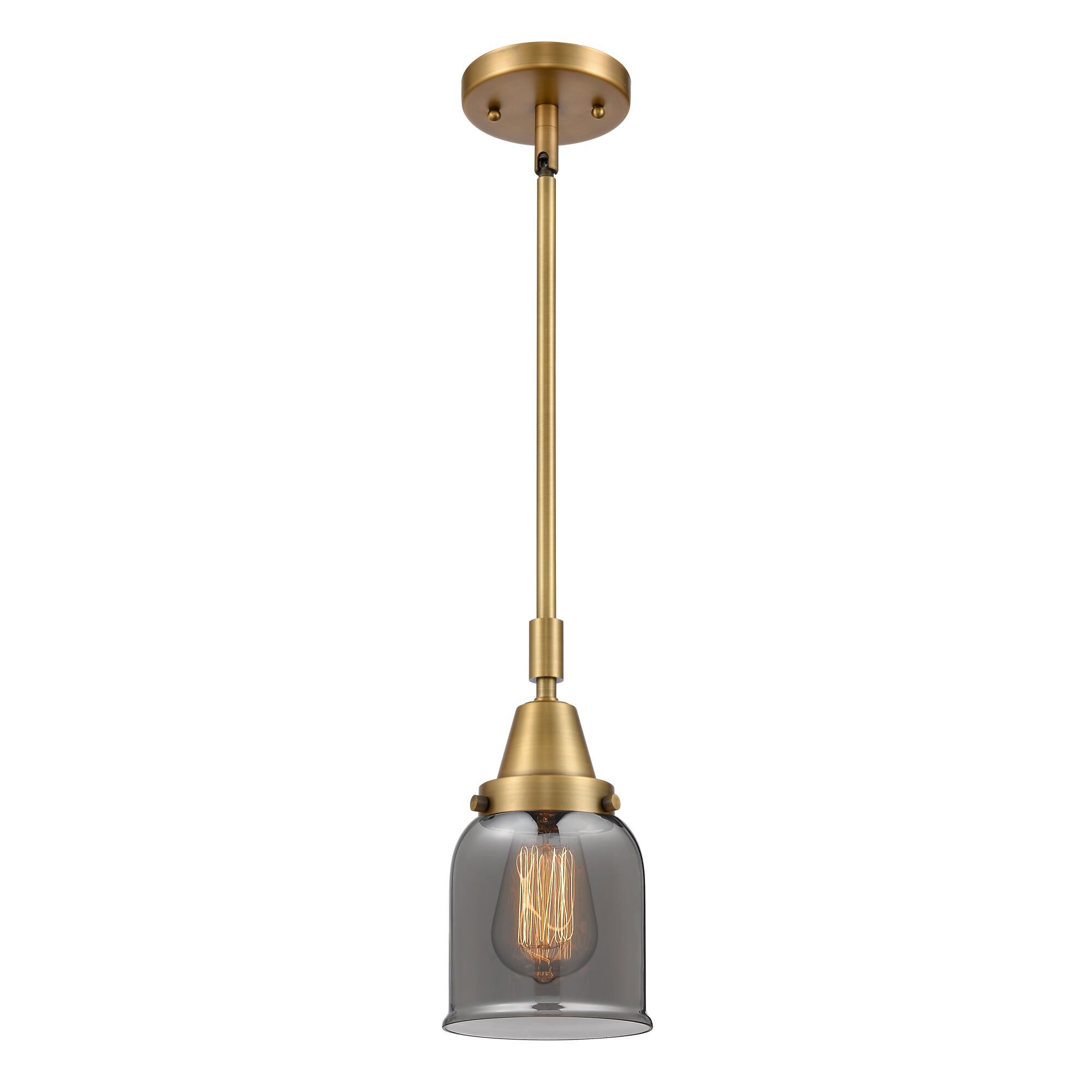 Shown in Brushed Brass finish and Plated Smoke Small Bell glass