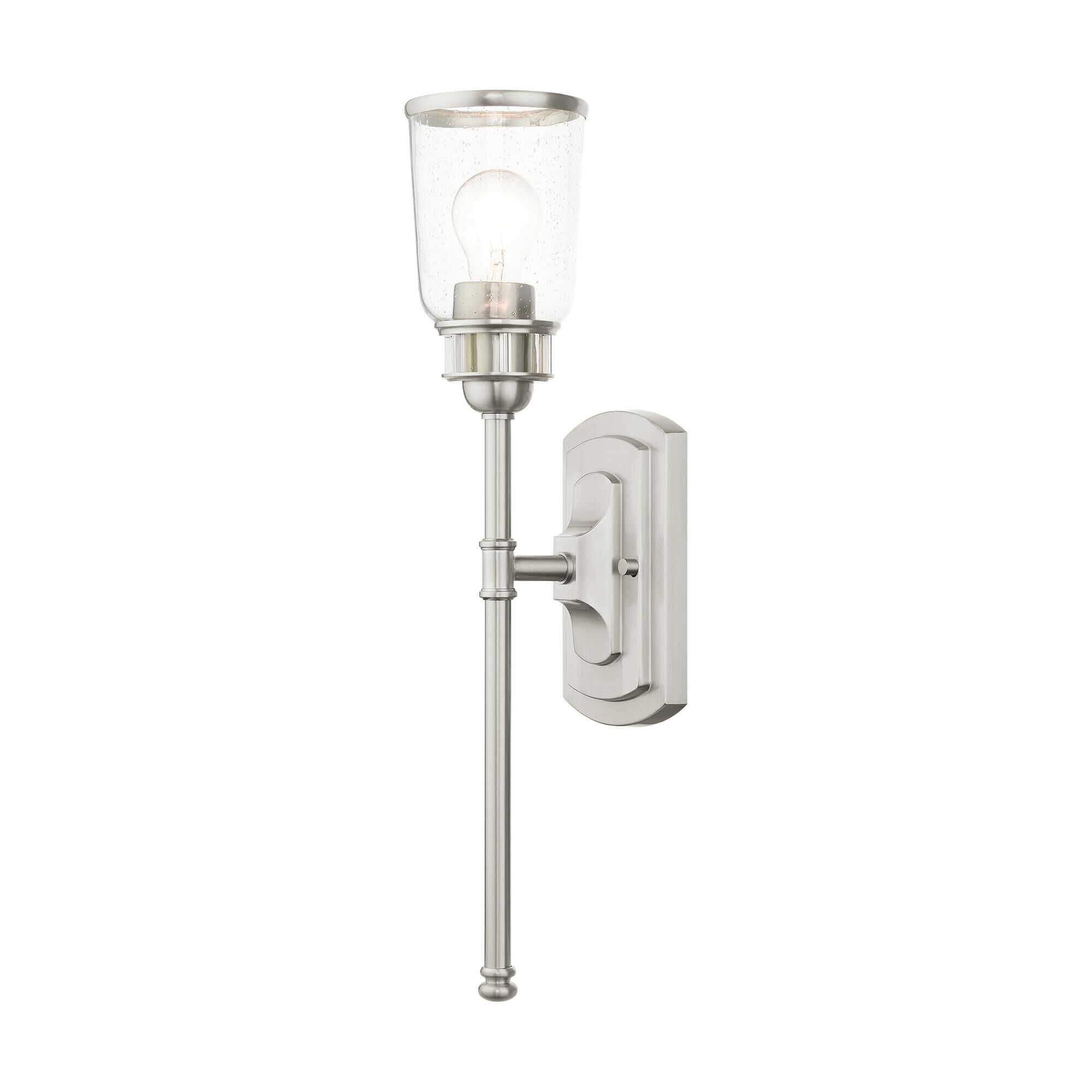 Shown in Brushed Nickel finish and Hand Blown Clear Seeded glass and Hand Blown Clear Seeded Glass shade