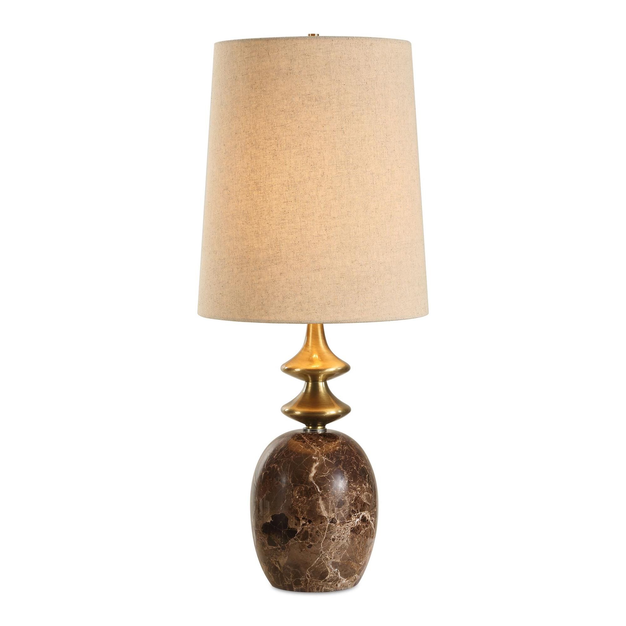 Shown in Brass, Brown finish and Tapered Round Hardback shade