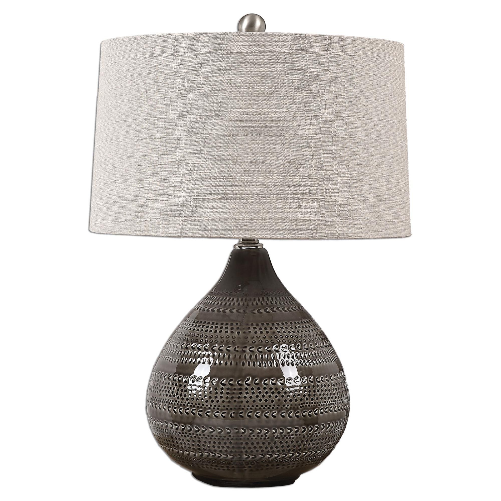 Shown in Plated Brushed Nickel finish and Beige Linen shade
