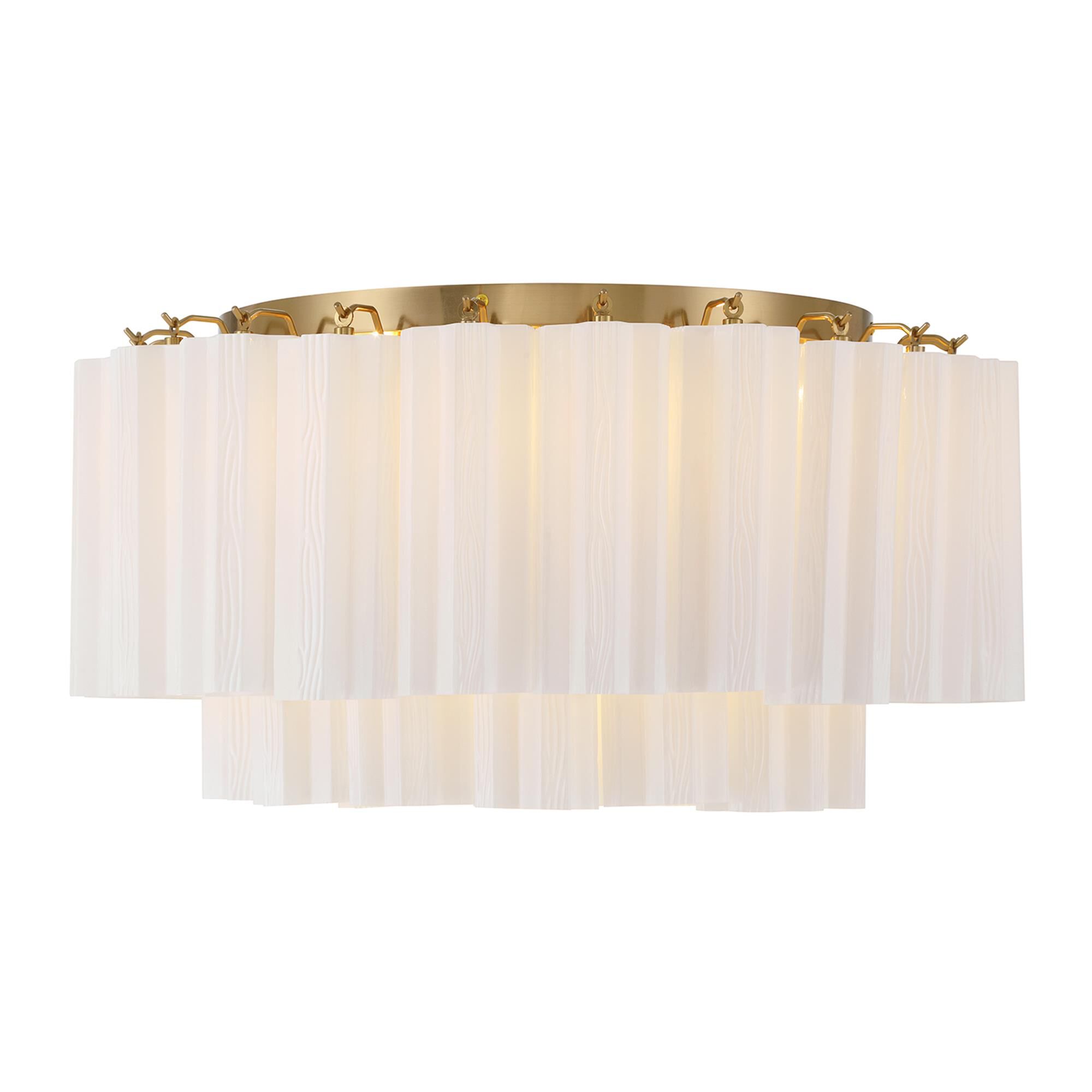 Shown in Aged Brass finish and Tronchi White glass
