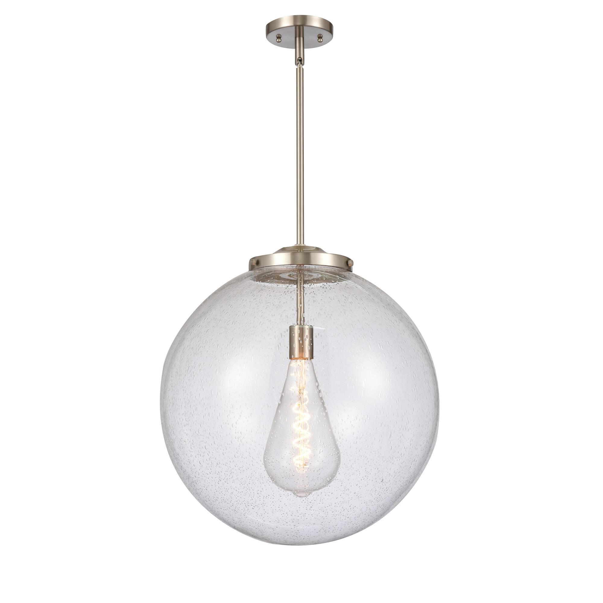Shown in Brushed Satin Nickel finish and Seedy Beacon glass