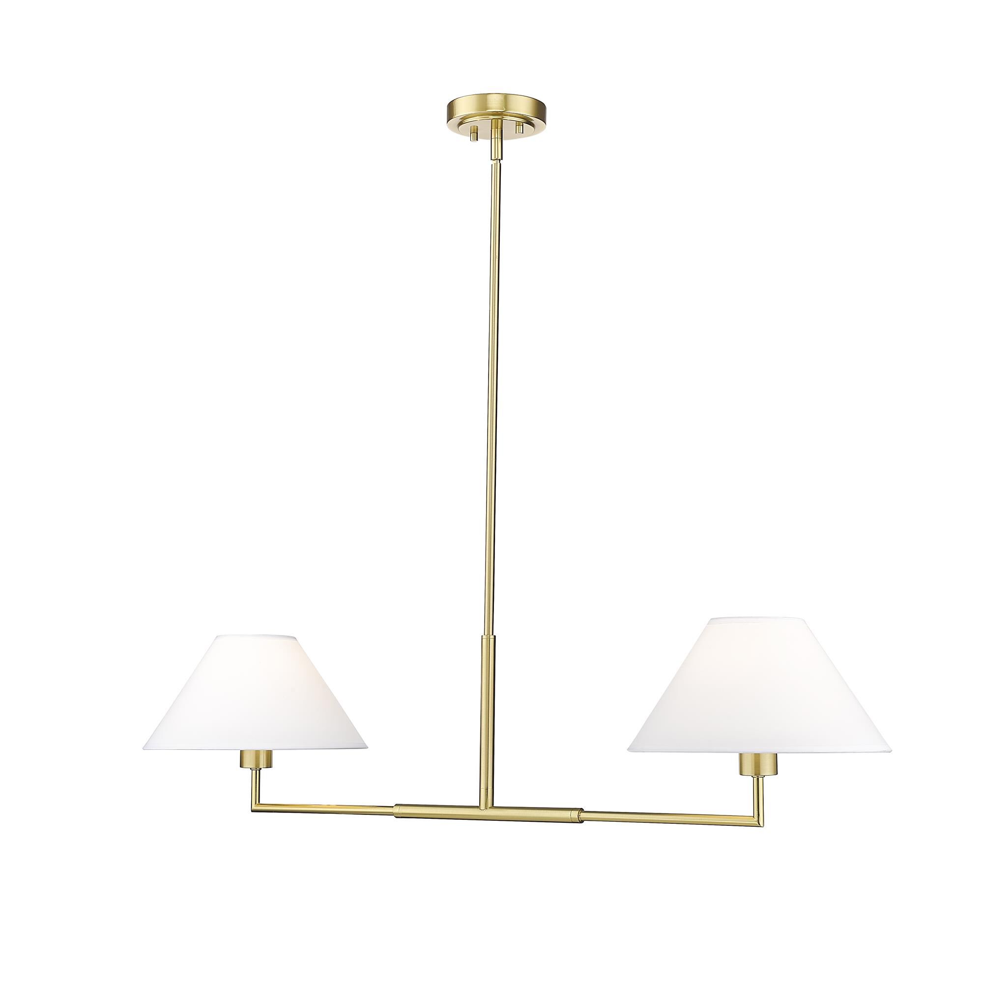 Shown in Luxe Gold finish and White Linen glass and White Linen shade