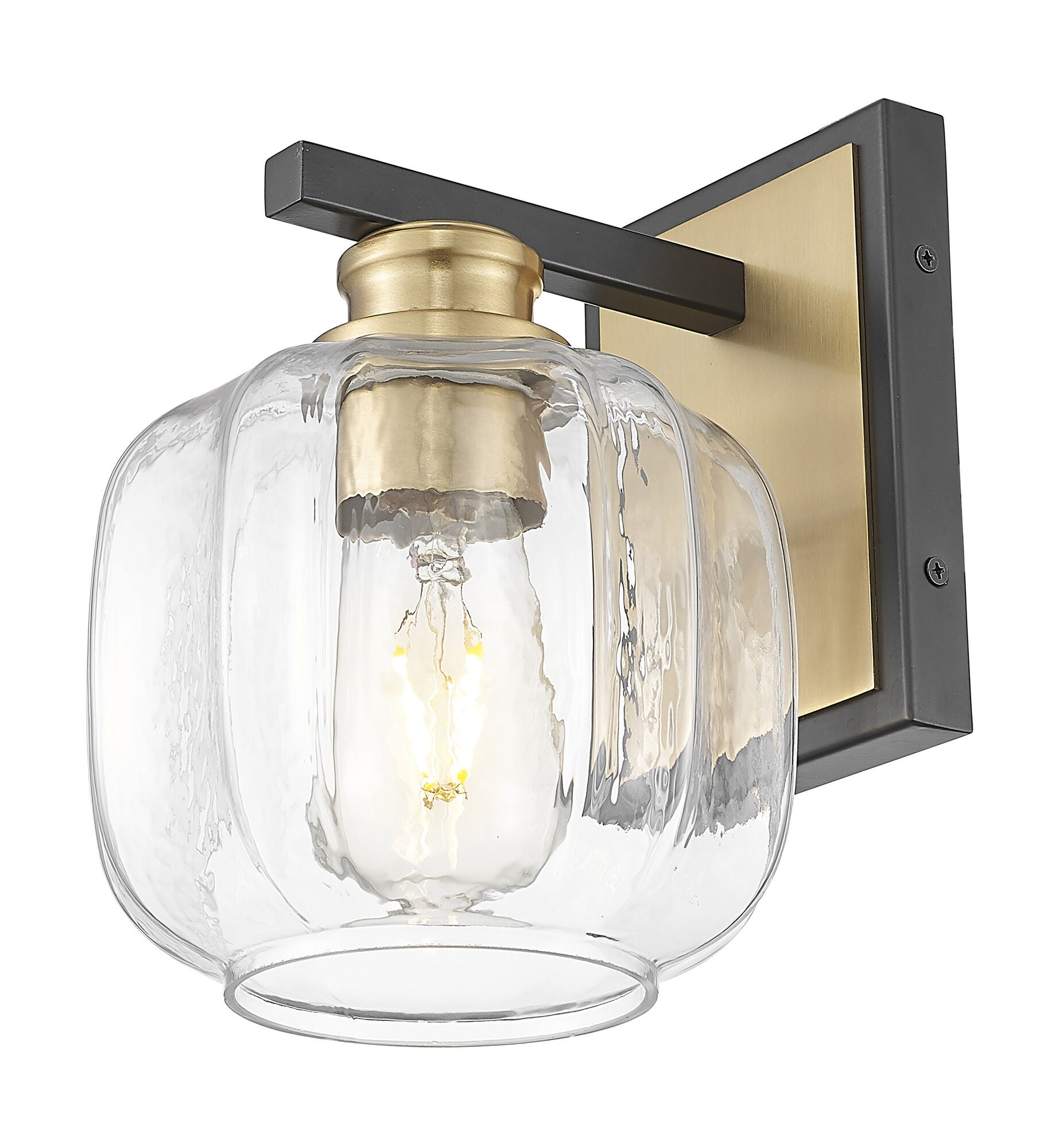 Shown in Matte Black And Brass finish and Clear Glass Globe shade