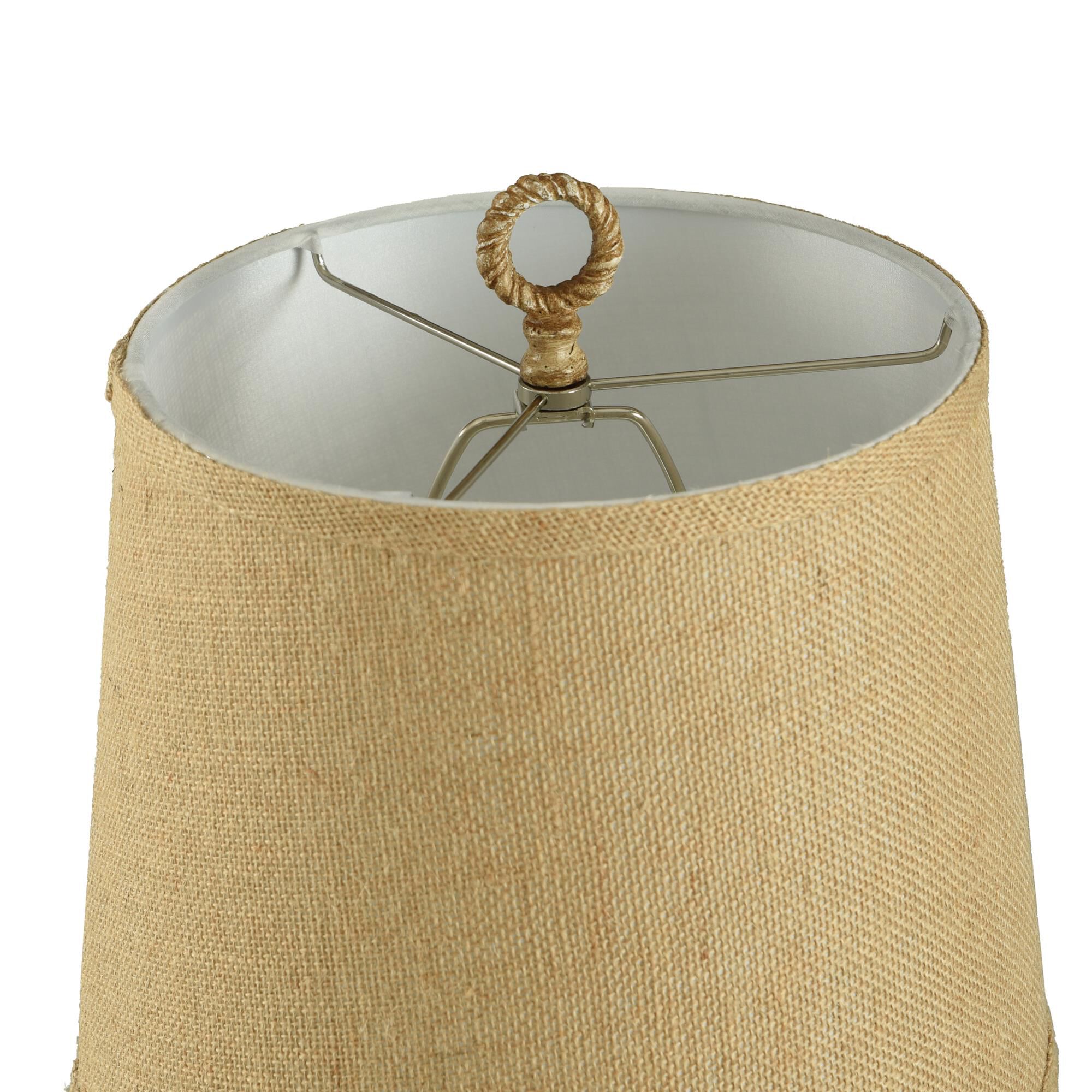 Shown in Blue, Taupe finish and Natural Trim Burlap shade