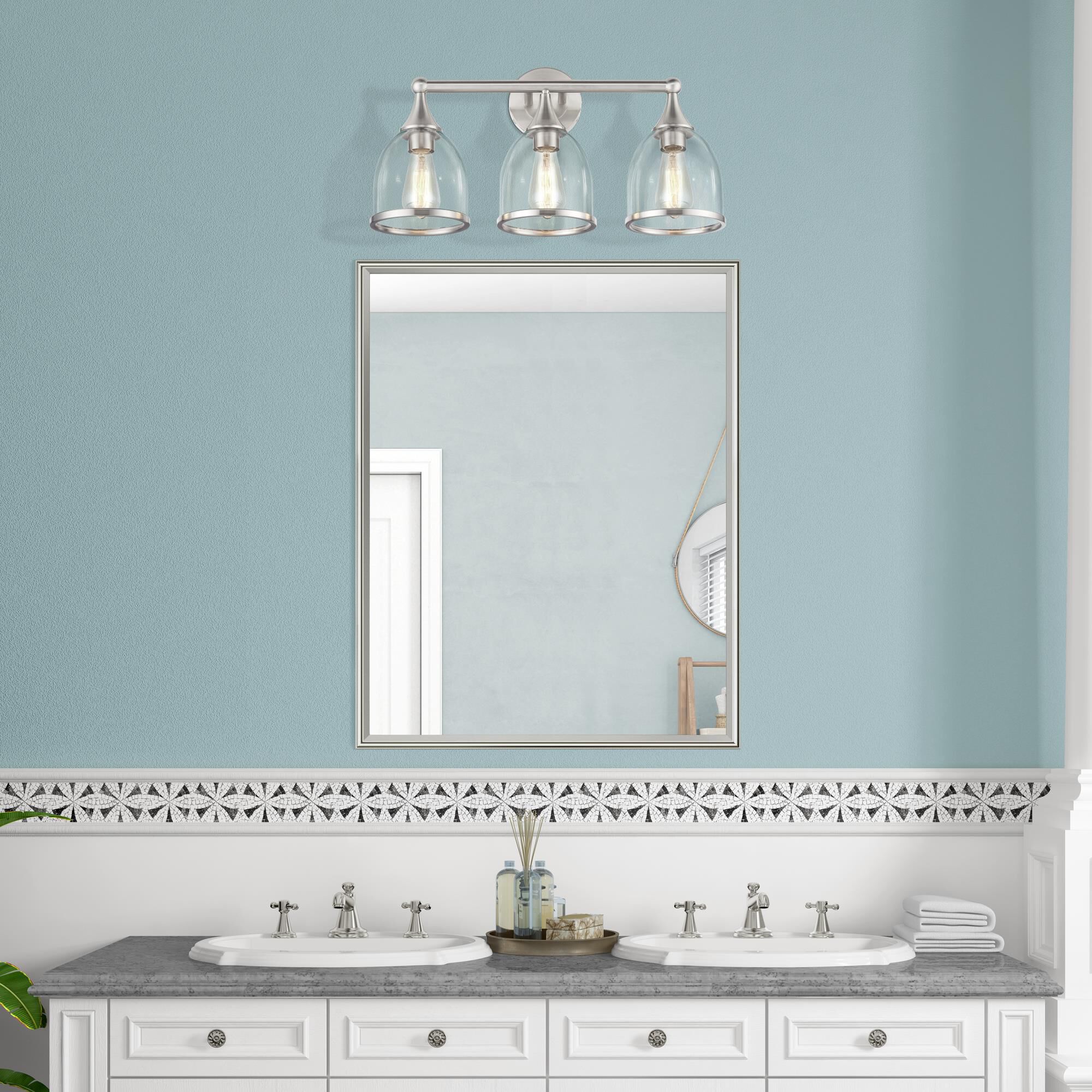 Shown in Brushed Nickel finish and Mouth Blown Clear glass