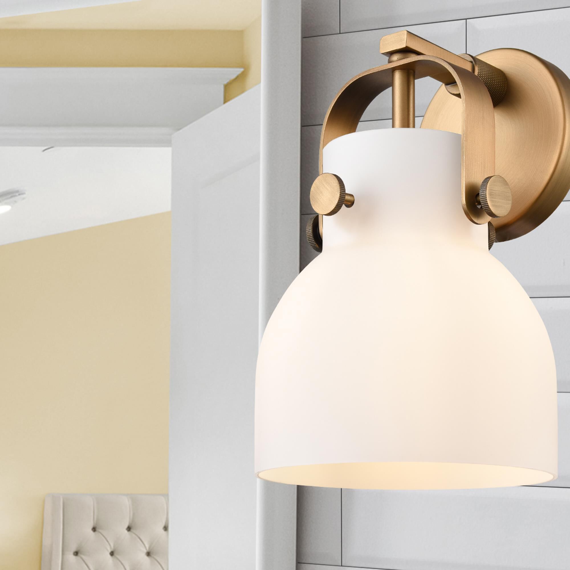 Shown in Brushed Brass finish and Matte White glass