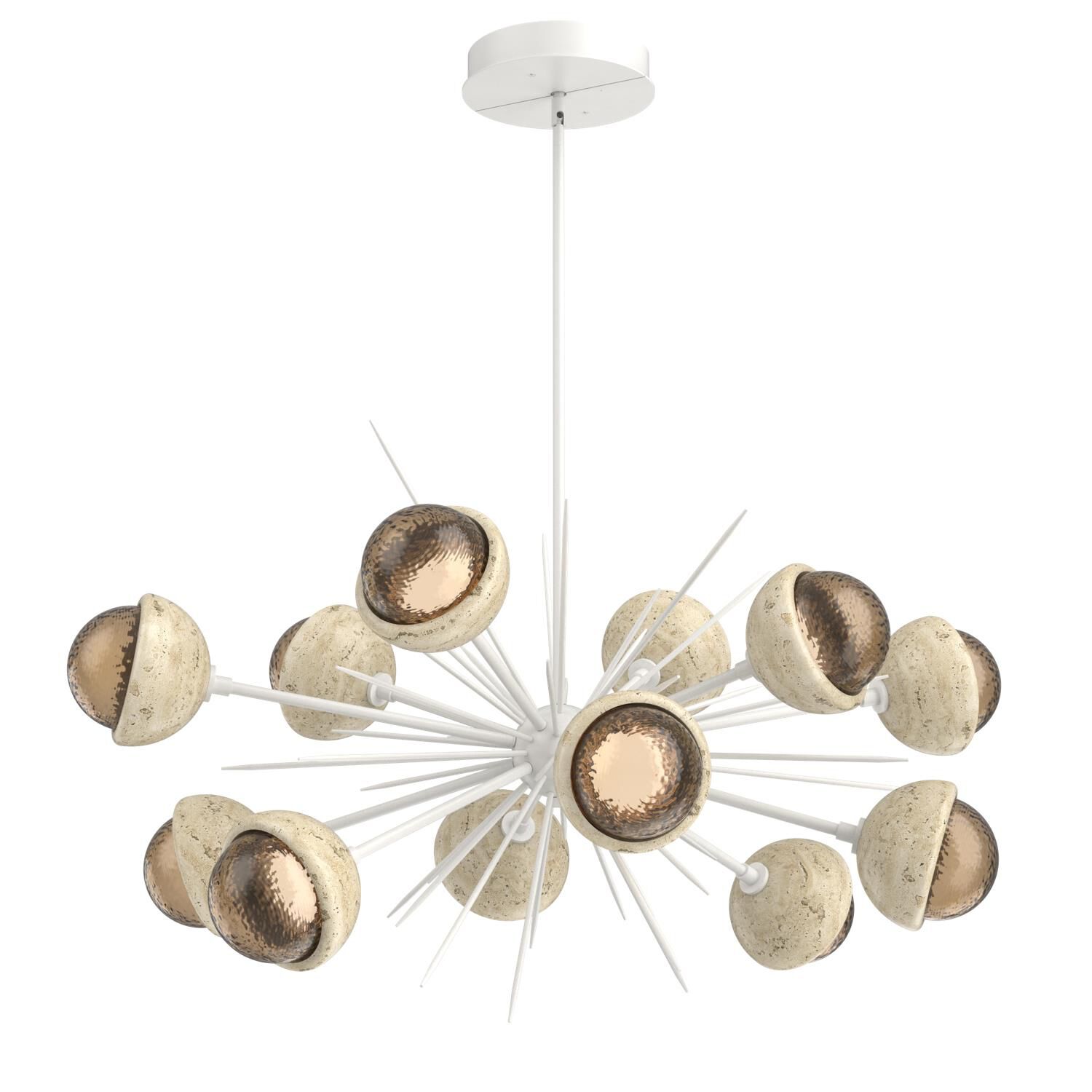 Shown in Salt White finish and Bronze glass and Travertine Stone accent