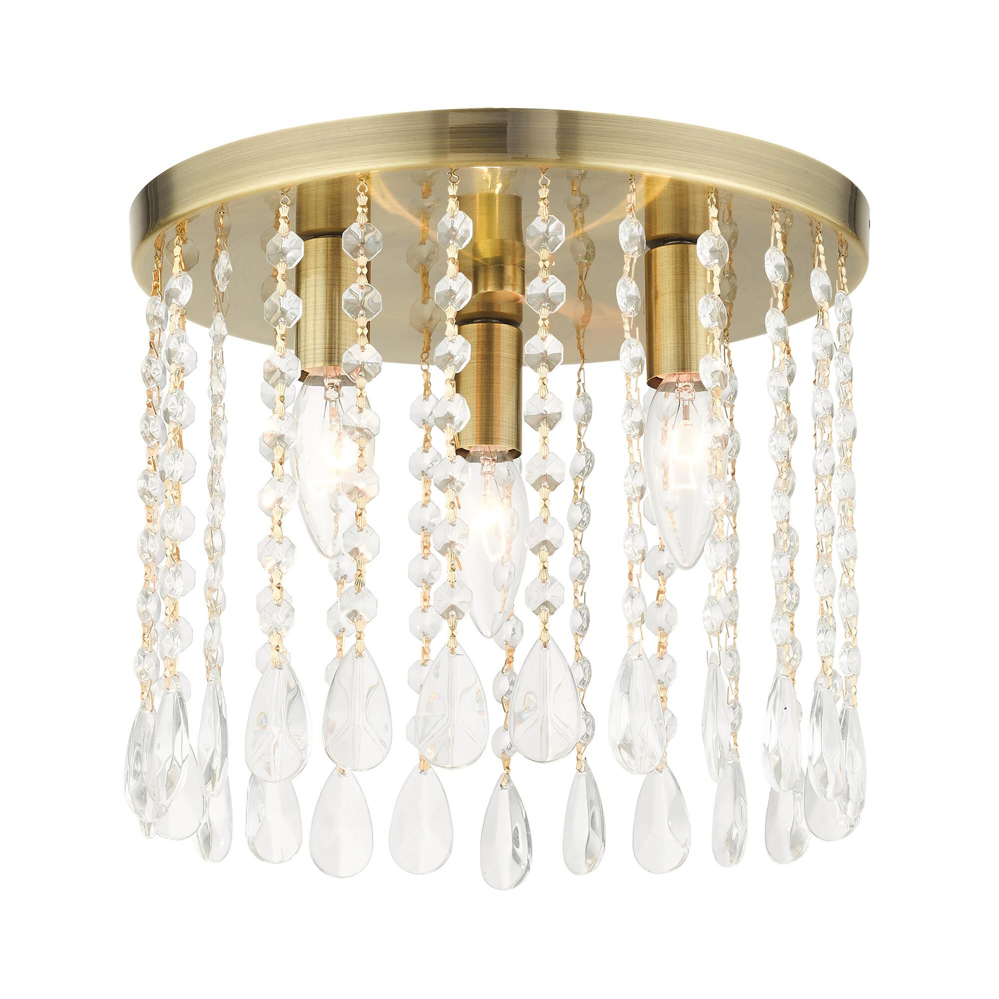 Shown in Antique Brass finish and Hand Assembled Crystal Shade glass