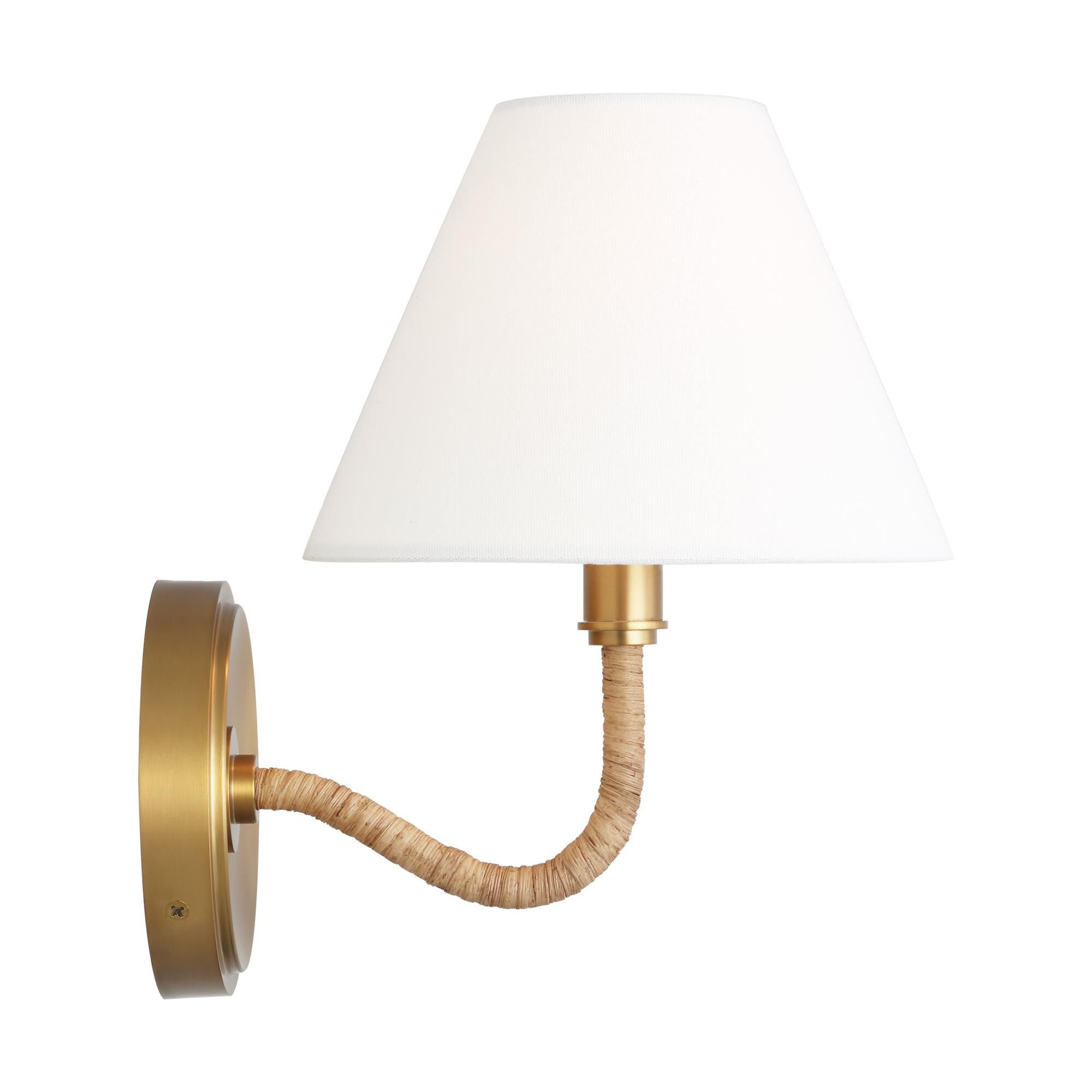 Shown in Burnished Brass finish and White Linen shade
