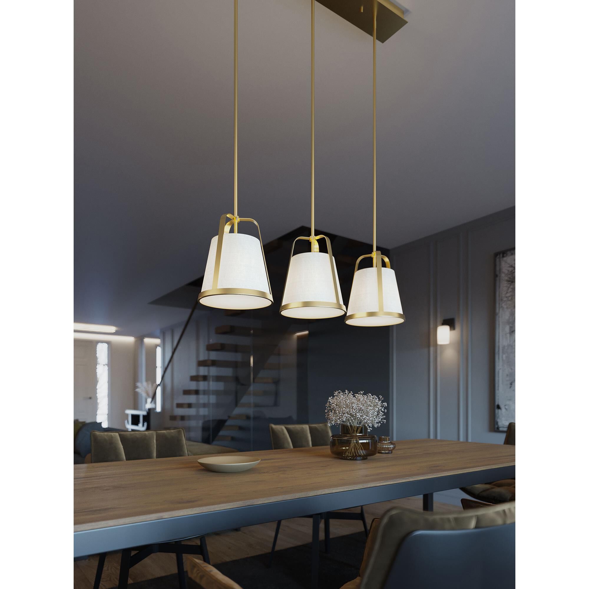 Shown in Light Antique Brass finish and Linen White shade