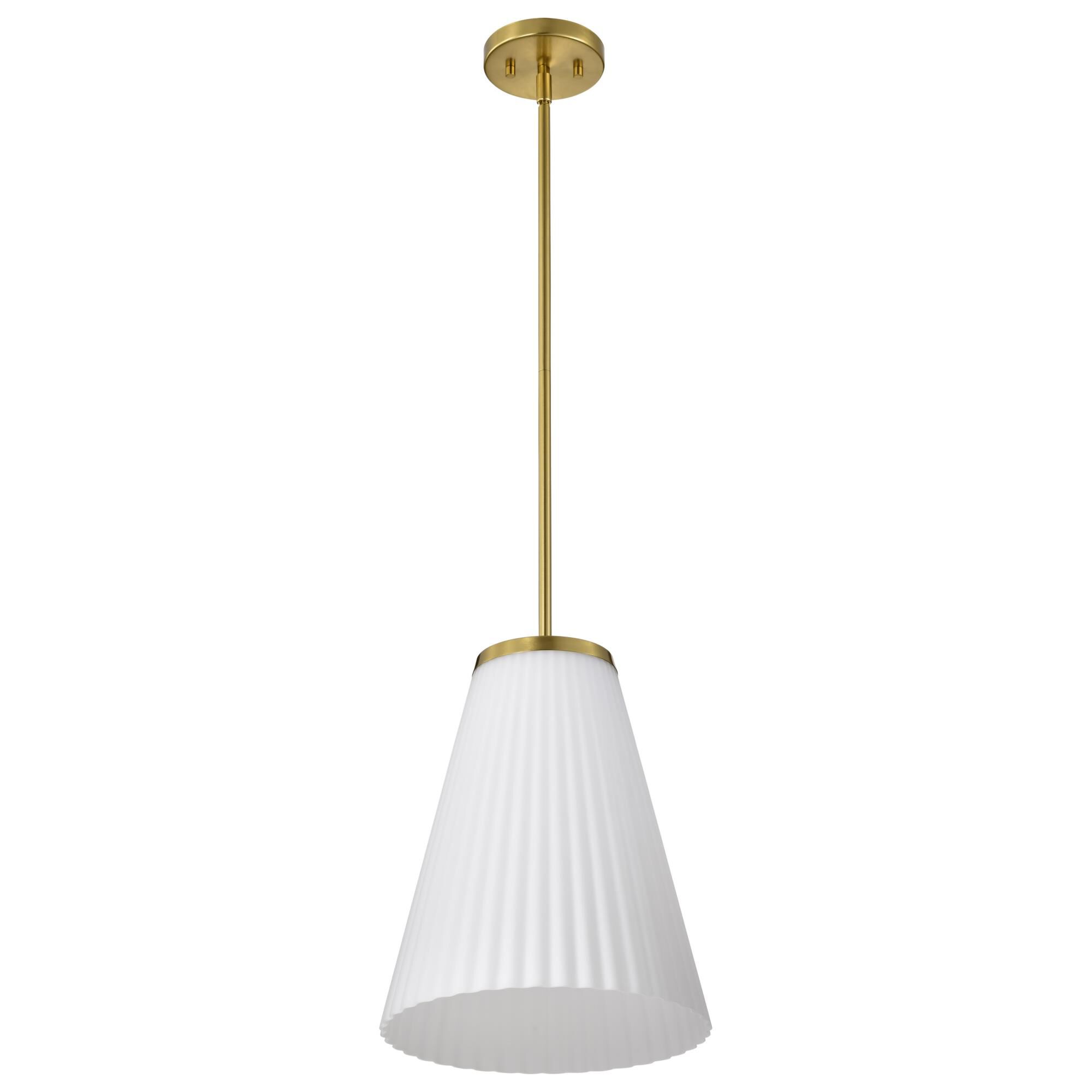Shown in Burnished Brass finish and Ribbed White glass