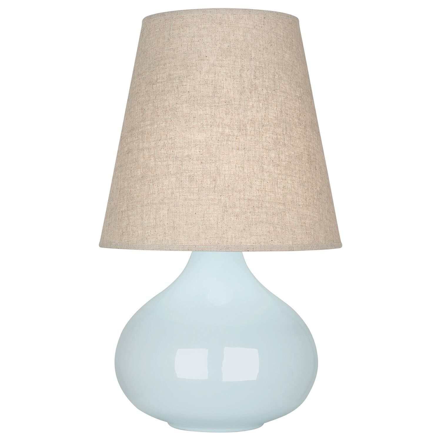 Shown in Baby Blue Glazed Ceramic finish and Buff Linen shade