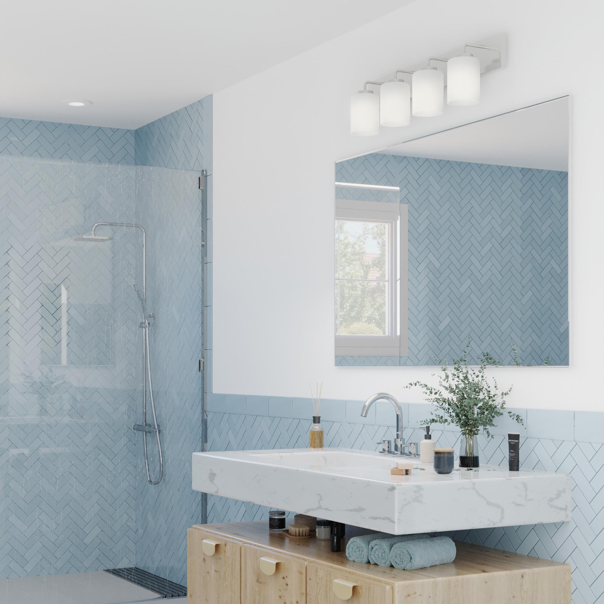 Shown in Brushed Nickel finish and Etched glass