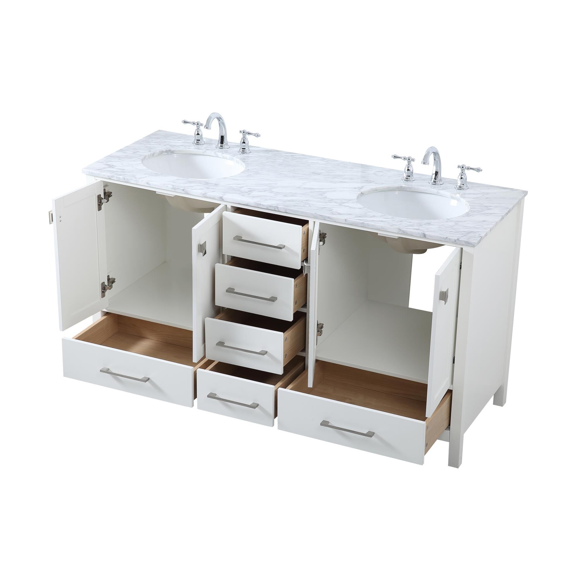 Shown in White And Brushed Nickel With Carrara White Marble finish