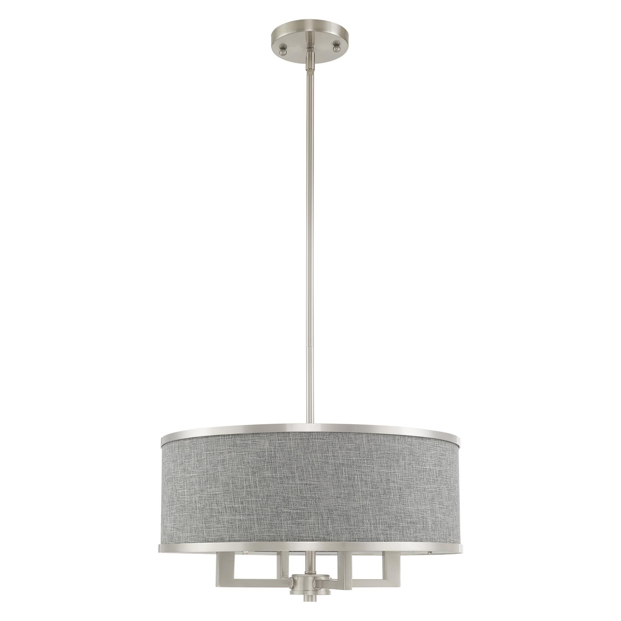 Shown in Brushed Nickel finish and Hand Crafted Gray Fabric Hardback shade