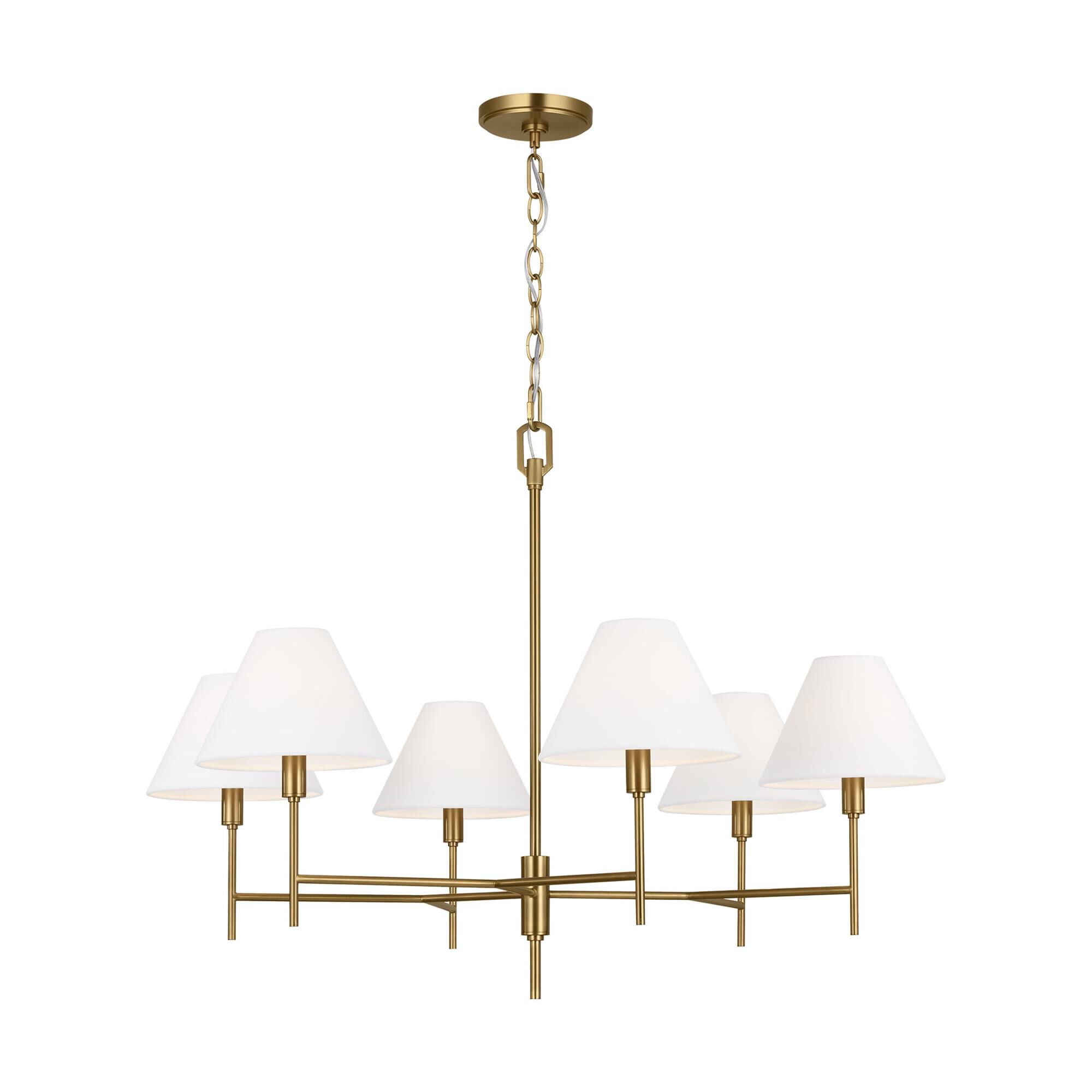 Shown in Burnished Brass finish and White Linen shade